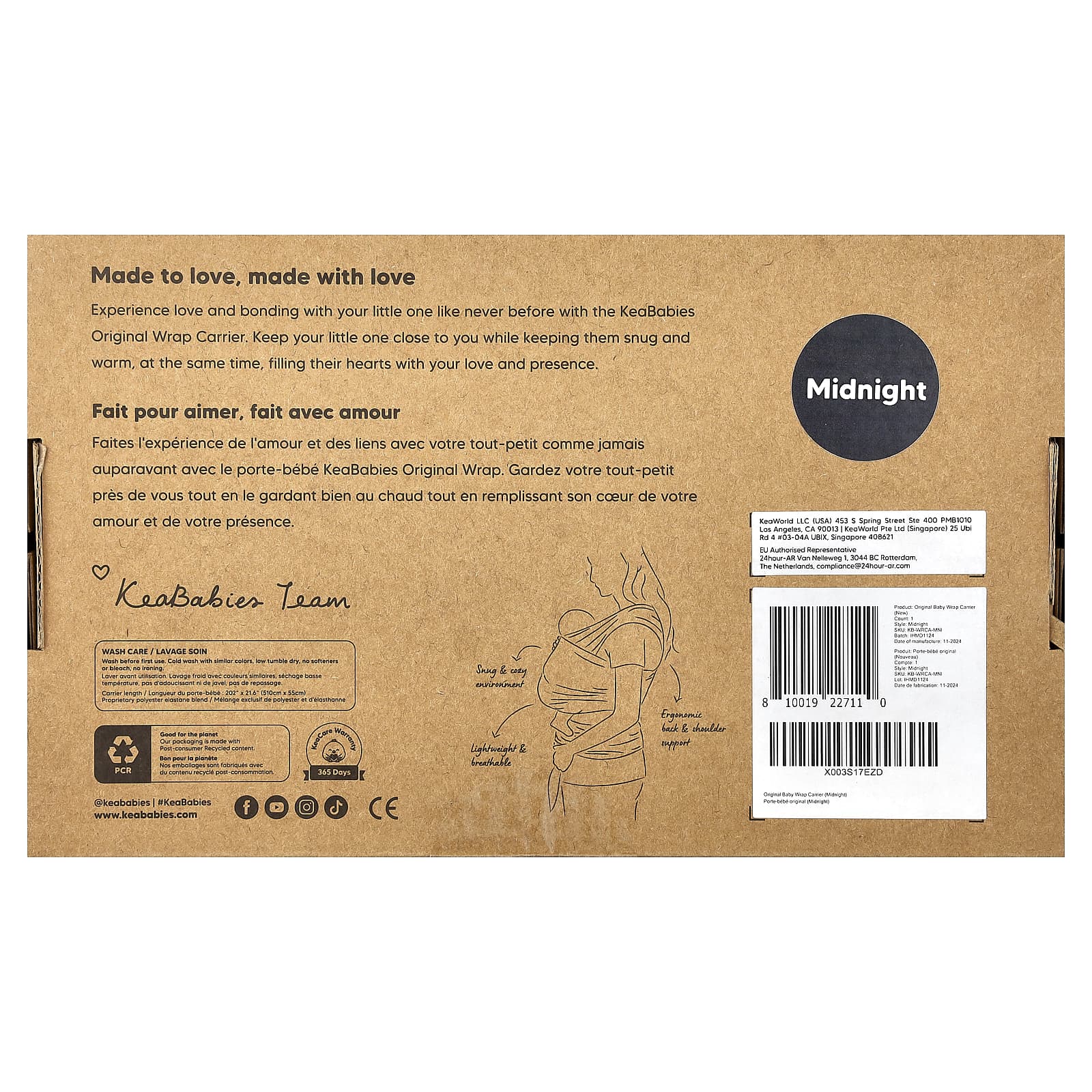 KeaBabies, Original Baby Wrap-перевозчик, для детей в возрасте 0–36 месяцев, полночный, 1 шт.