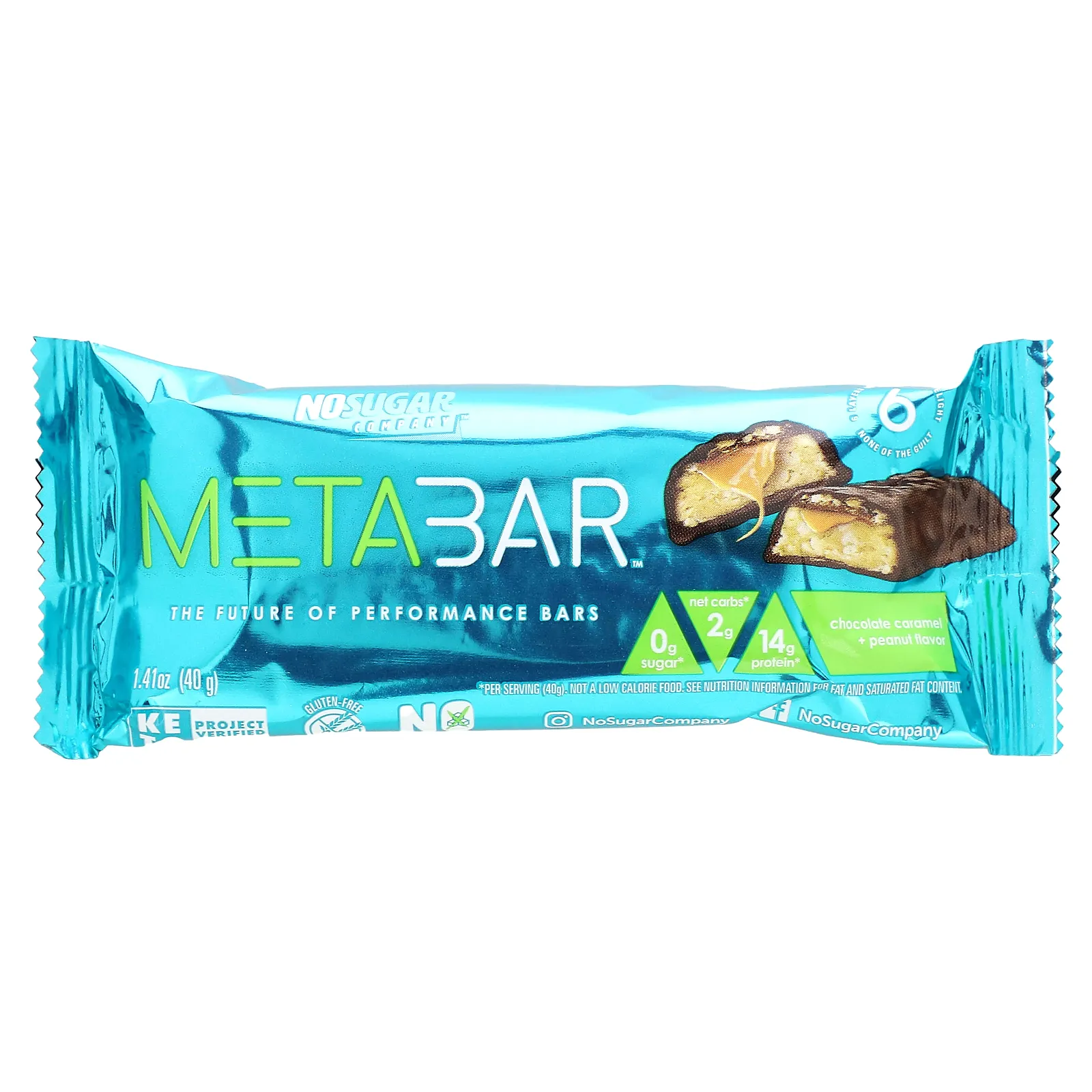 No Sugar Company, MetaBar, шоколад, карамель и арахис, 12 батончиков по 40 г (1,41 унции)