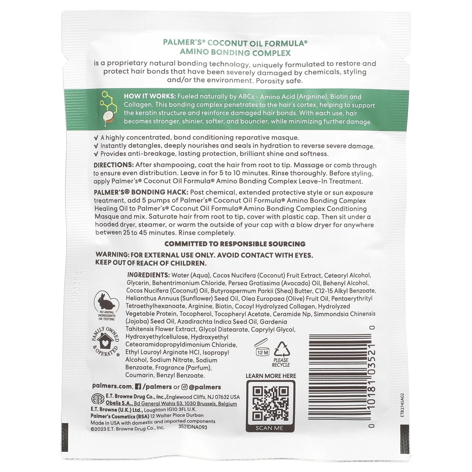 Palmer's, формула с кокосовым маслом и витамином Е, аминокислотный комплекс, укрепляющая и кондиционирующая маска, 60 г (2,1 унции)