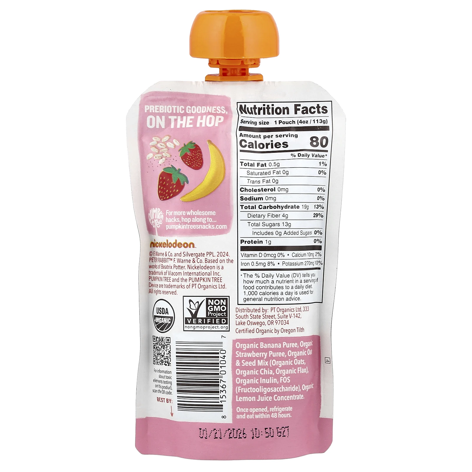 Pumpkin Tree Organics, Peter Rabbit™ Organics, органическое фруктовое пюре, овсяные хлопья и семена, банан и клубника, 113 г (4 унции)