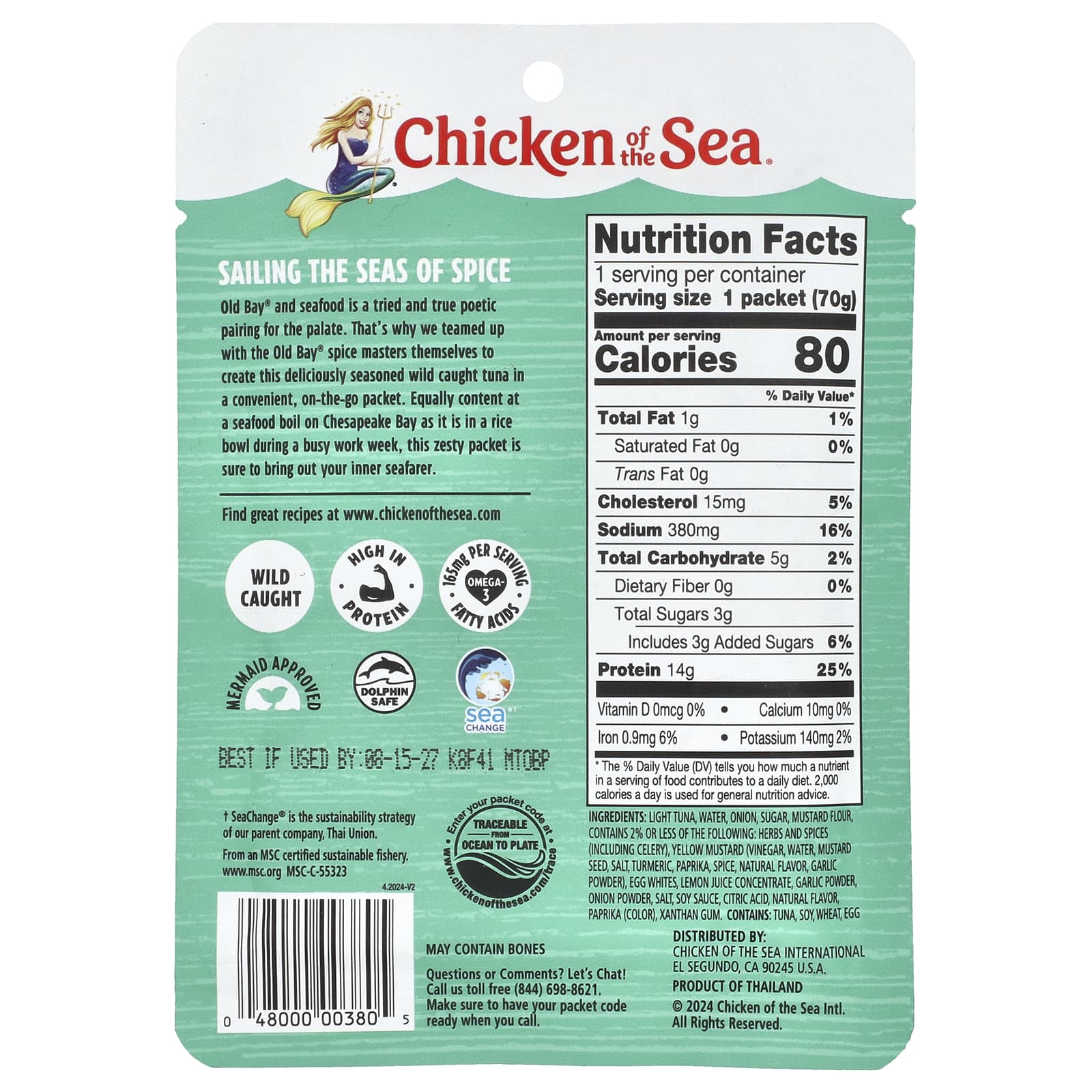 Chicken of the Sea, Дикий светлый тунец, приправа Old Bay®, 70 г (2,5 унции)