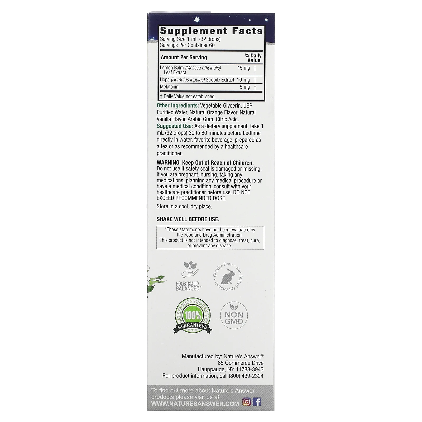 Nature's Answer, Liquid Melatonin +, крем с натуральной ванилью и апельсином, 5 мг, 60 мл (2 жидк. Унции)
