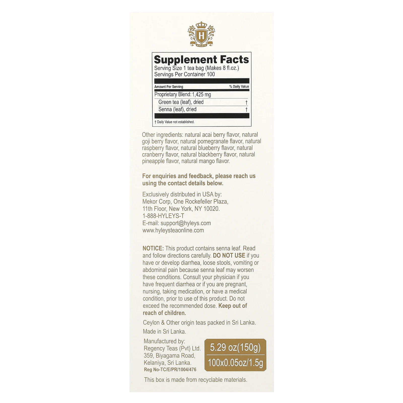 Hyleys Tea, Slim Tea, набор из 9 вкусов, чайные пакетики в 100 фольгированных пакетиках, 150 г (5,29 унции)