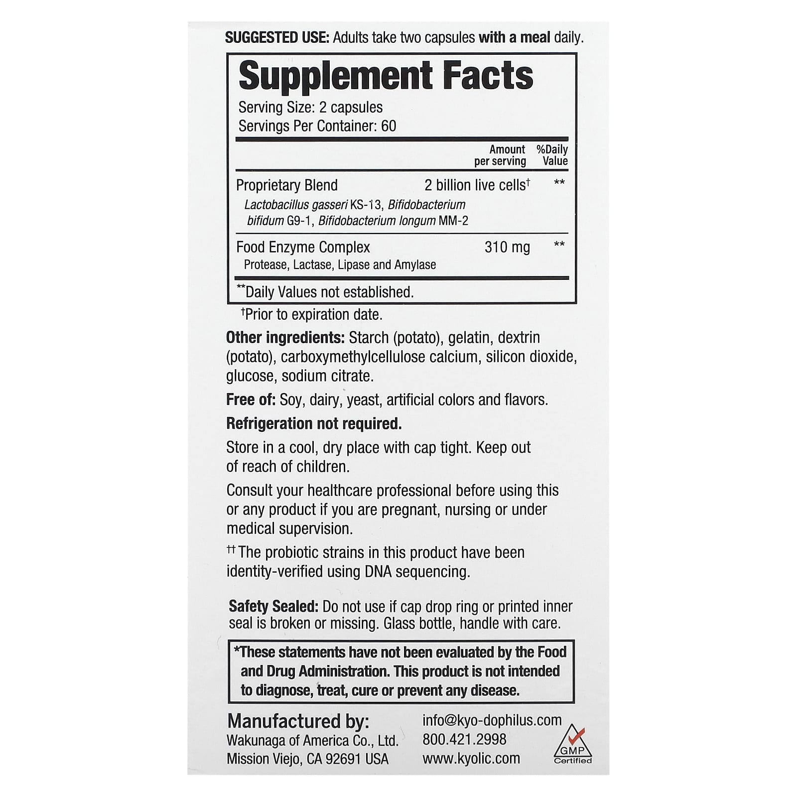 Kyolic, Kyo-Dophilus, фермент + пробиотик, 2 млрд, 120 капсул (1 млрд КОЕ на капсулу)