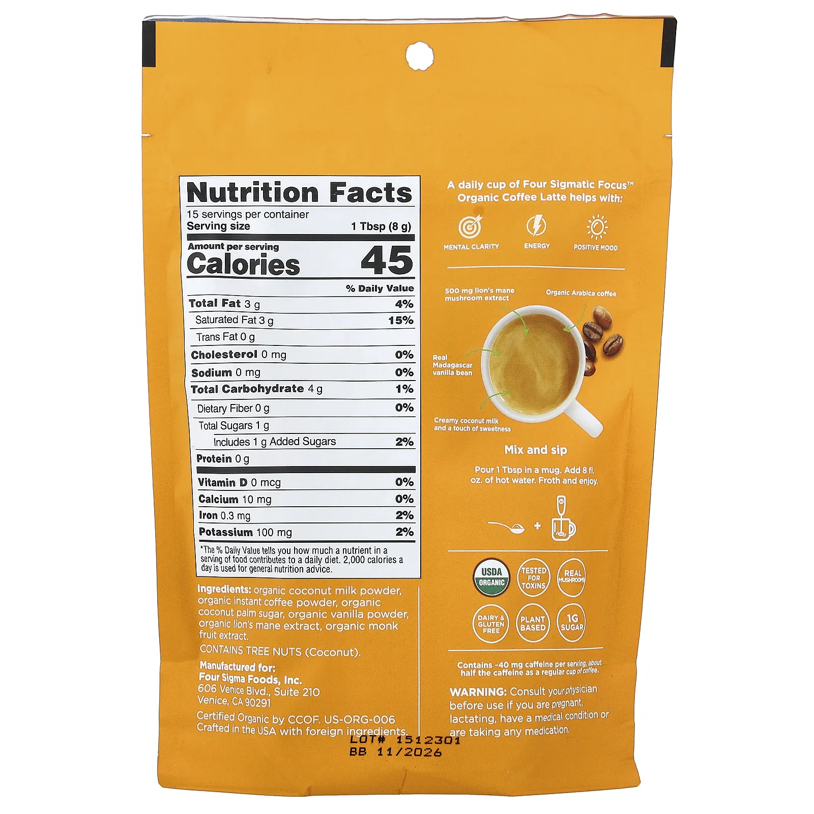 Four Sigmatic, Focus, органический растворимый кофе латте с ежовиком гребенчатым, ваниль, 120 г (4,23 унции)