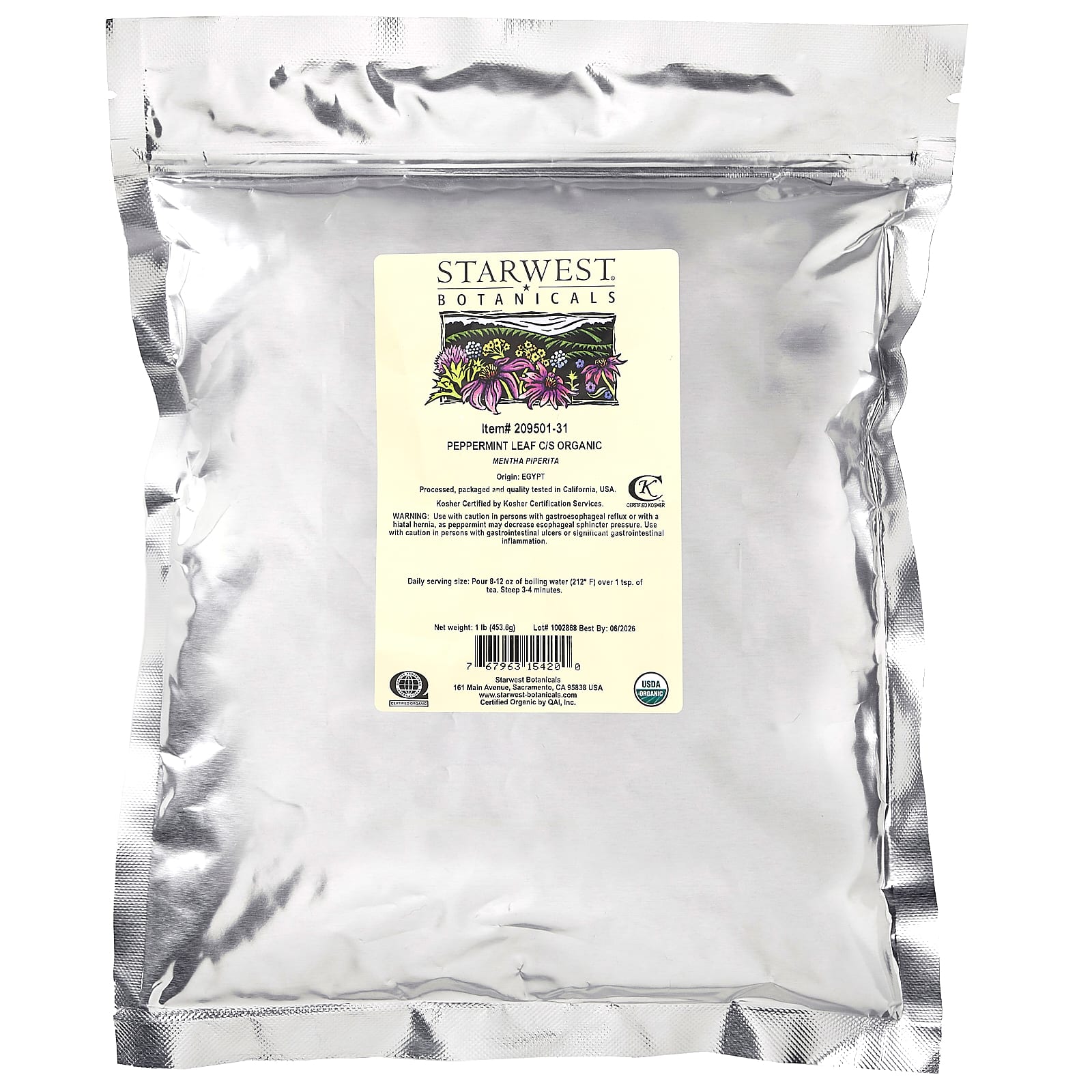 Starwest Botanicals, Органические листья перечной мяты C / S, 453,6 г (1 фунт)