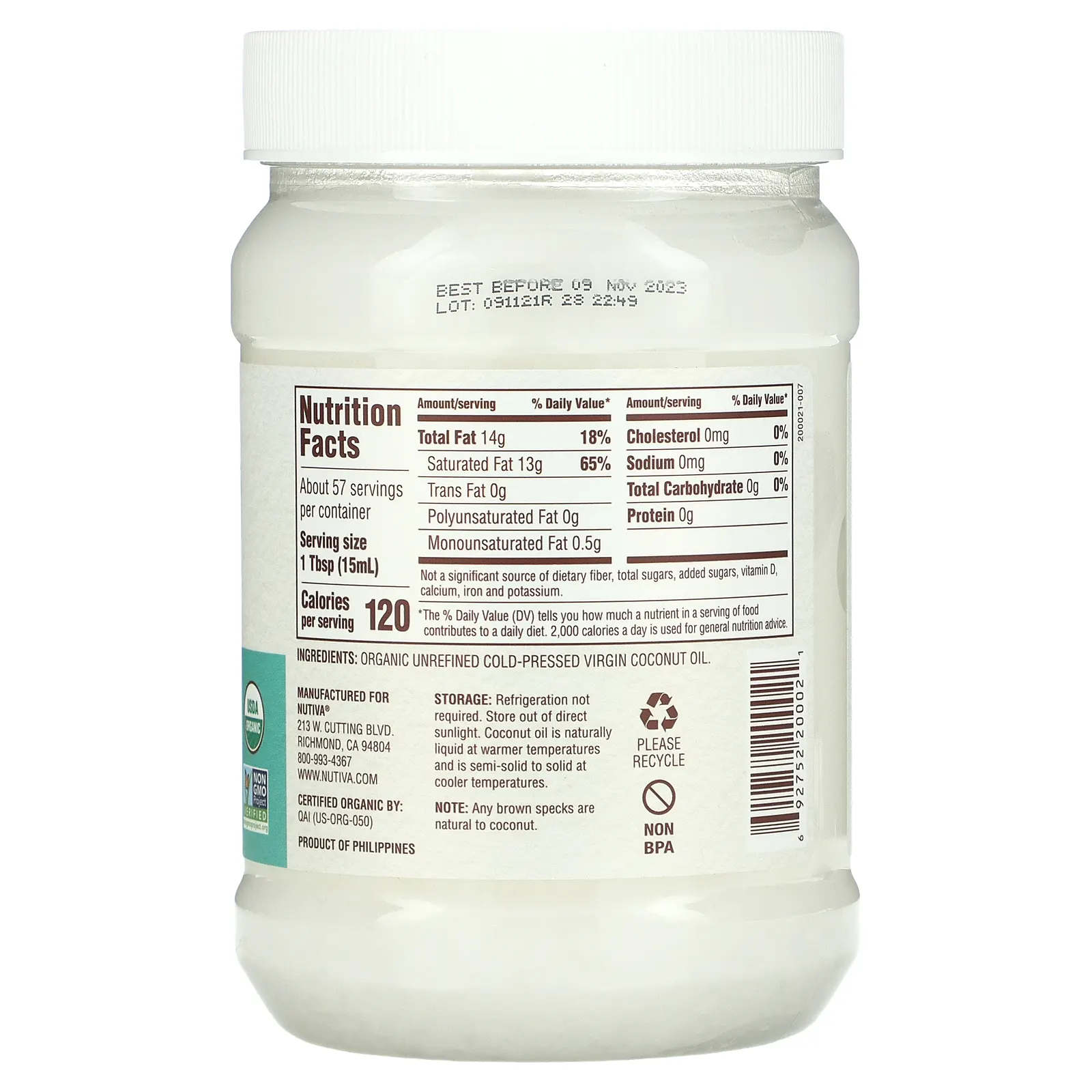 Nutiva, органическое кокосовое масло первого отжима, 858 мл (29 жидк. унций)