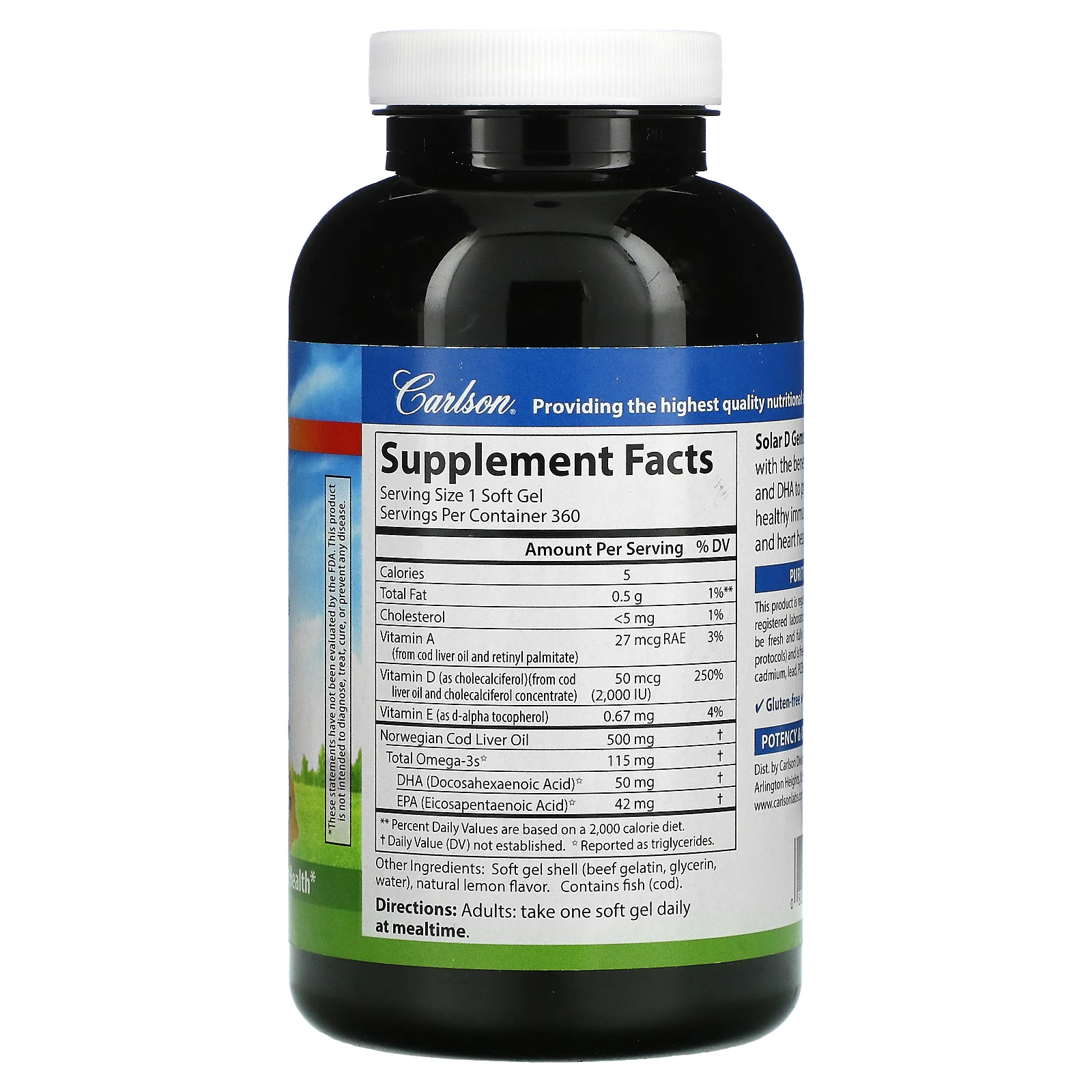 Carlson, Solar D Gems, витамин D3 + омега-3 кислоты, натуральный лимонный вкус, 2000 МЕ, 360 мягких таблеток