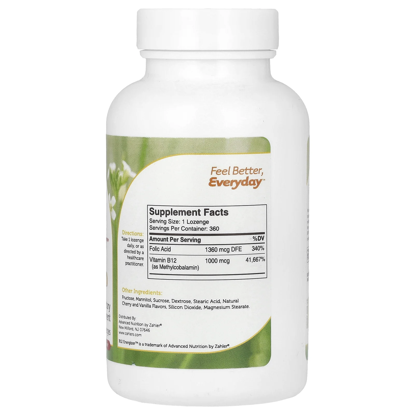 Zahler, B12 Energizer, формула витамина B12 и фолиевой кислоты, натуральная вишня, 360 пастилок