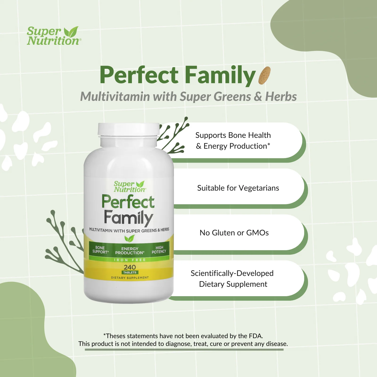 Super Nutrition, Perfect Family, мультивитамины с суперзеленью и травами, без железа, 240 таблеток