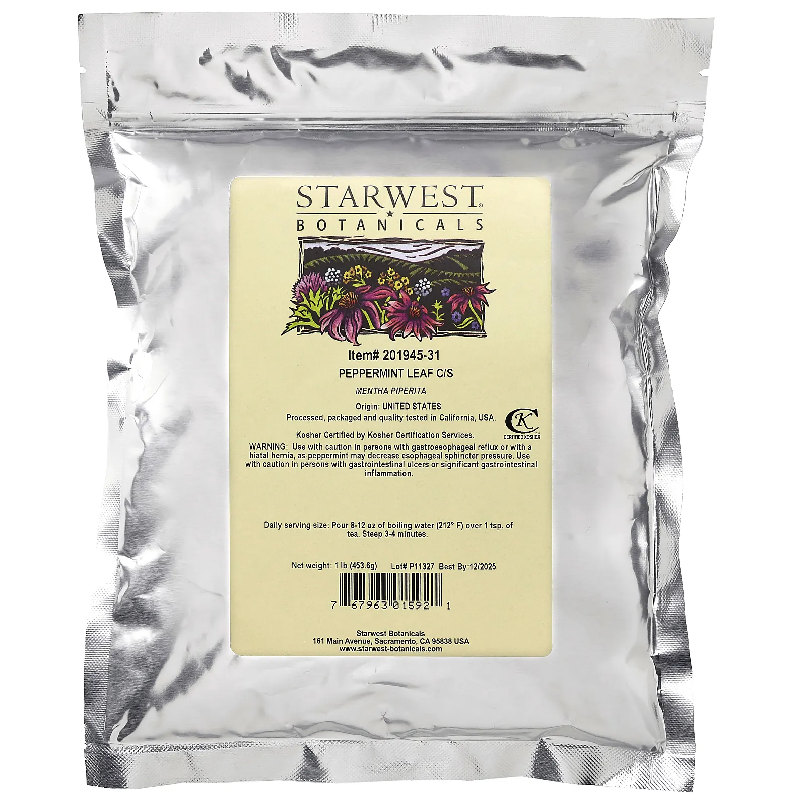 Starwest Botanicals, Листья перечной мяты, разрезать и просеять, 453,6 г (1 фунт)