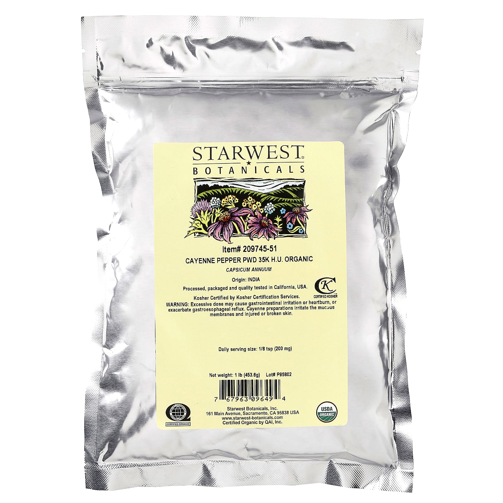 Starwest Botanicals, Порошок органического кайенского перца, 35K H.U., 1 унция (453.6 г)