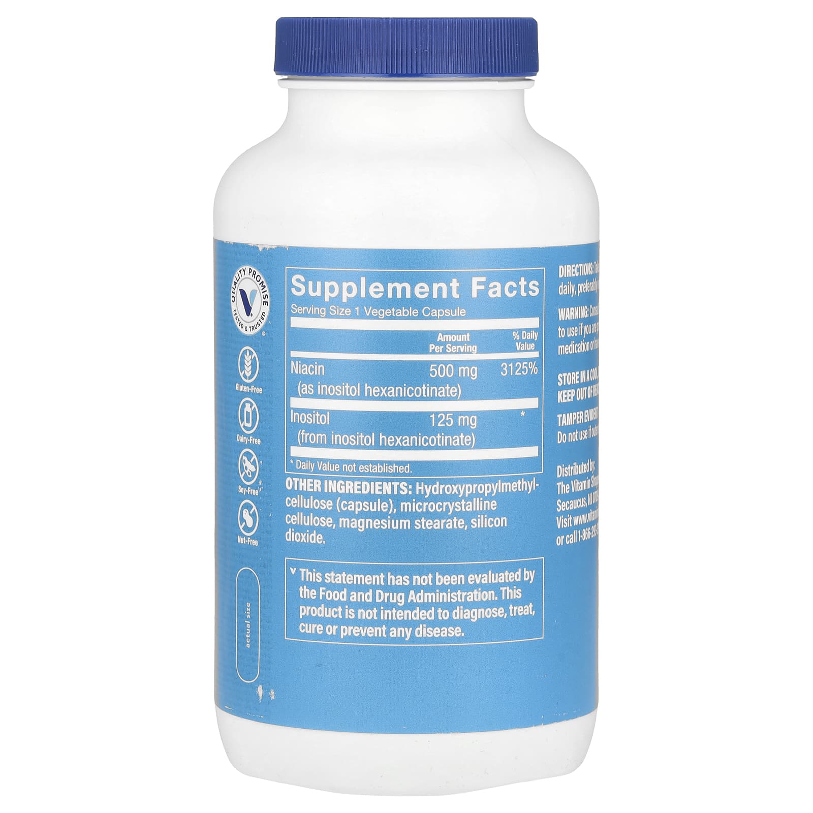 The Vitamin Shoppe, Ниацин без смывания, 500 мг, 300 растительных капсул