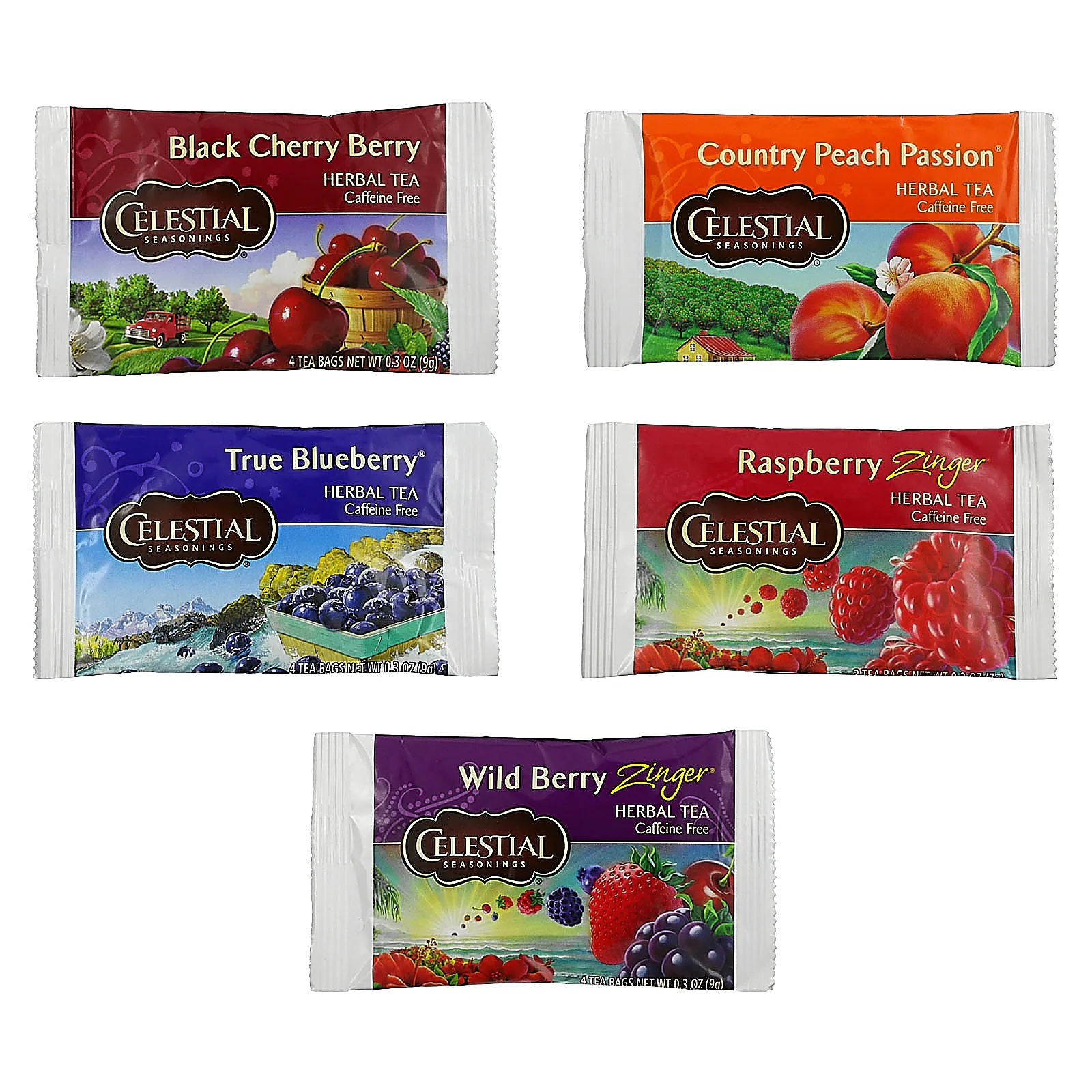 Celestial Seasonings, набор фруктовых чаев, без кофеина, 5 вкусов, 18 чайных пакетиков по 40 г (1,4 унции)