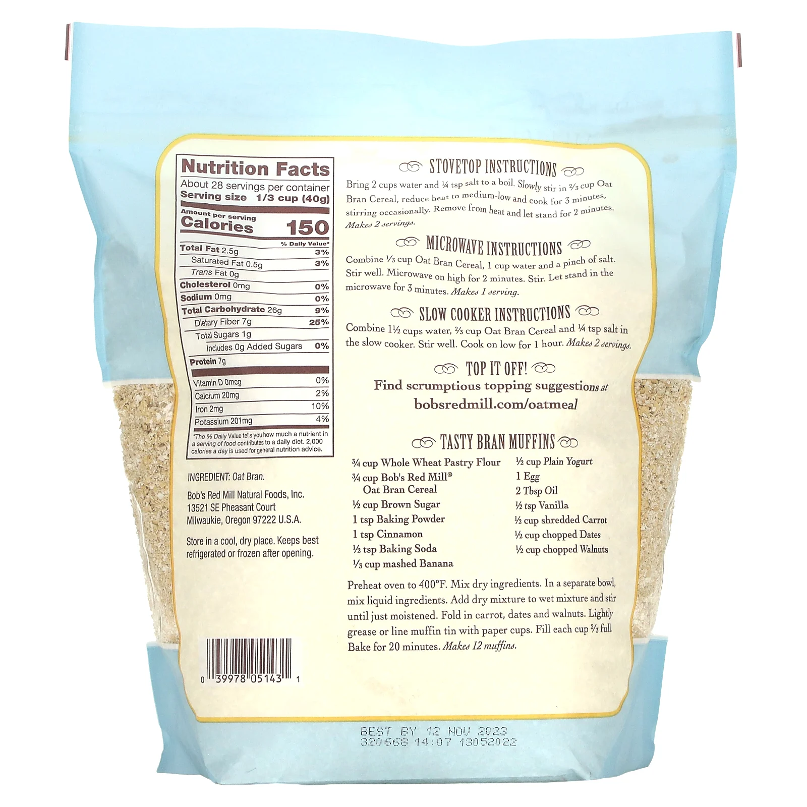 Bob's Red Mill, Каша с овсяными отрубями с высоким содержанием клетчатки, 1,13 кг (40 унций)