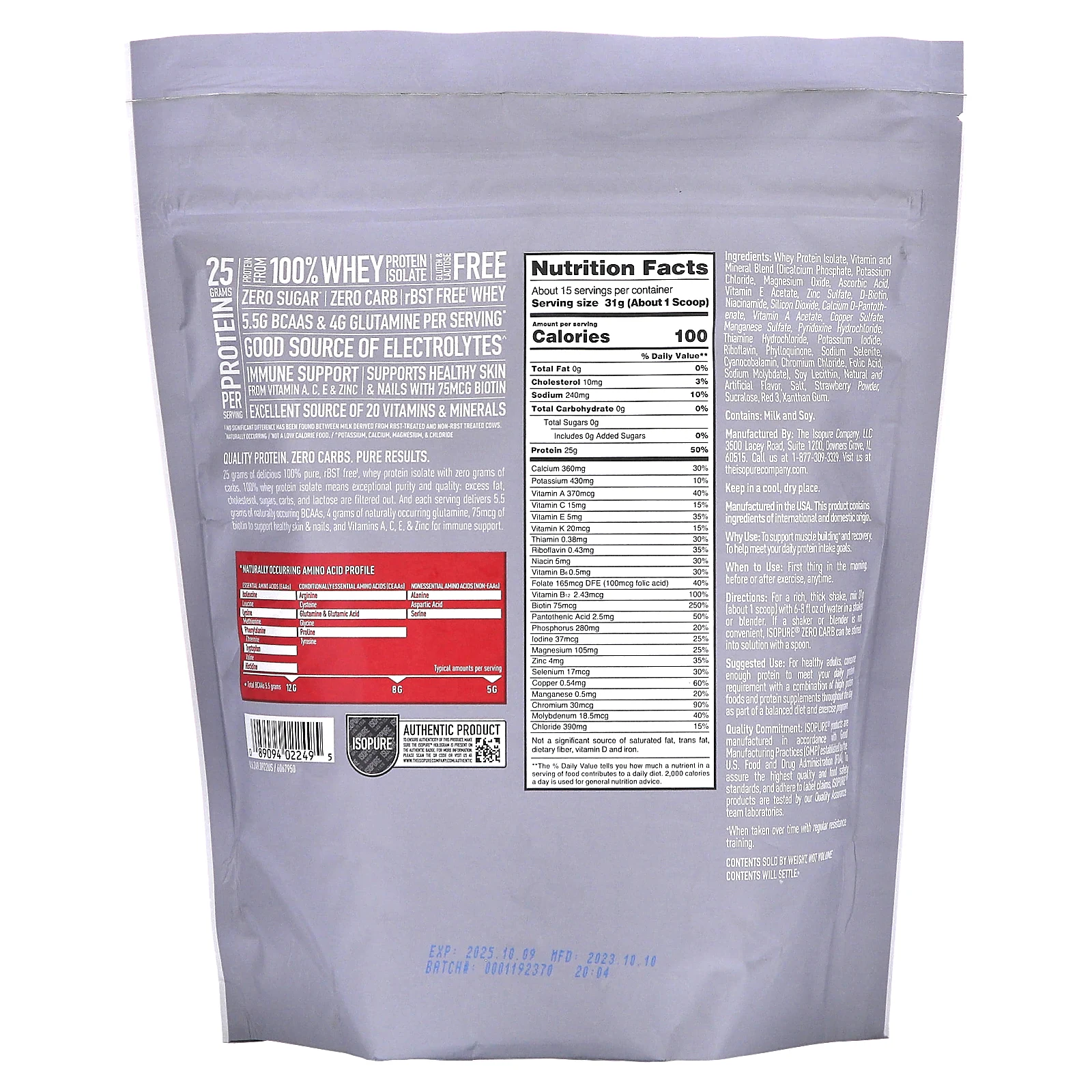 Isopure, протеиновый порошок без углеводов, клубника со сливками, 454 г (1 фунт)