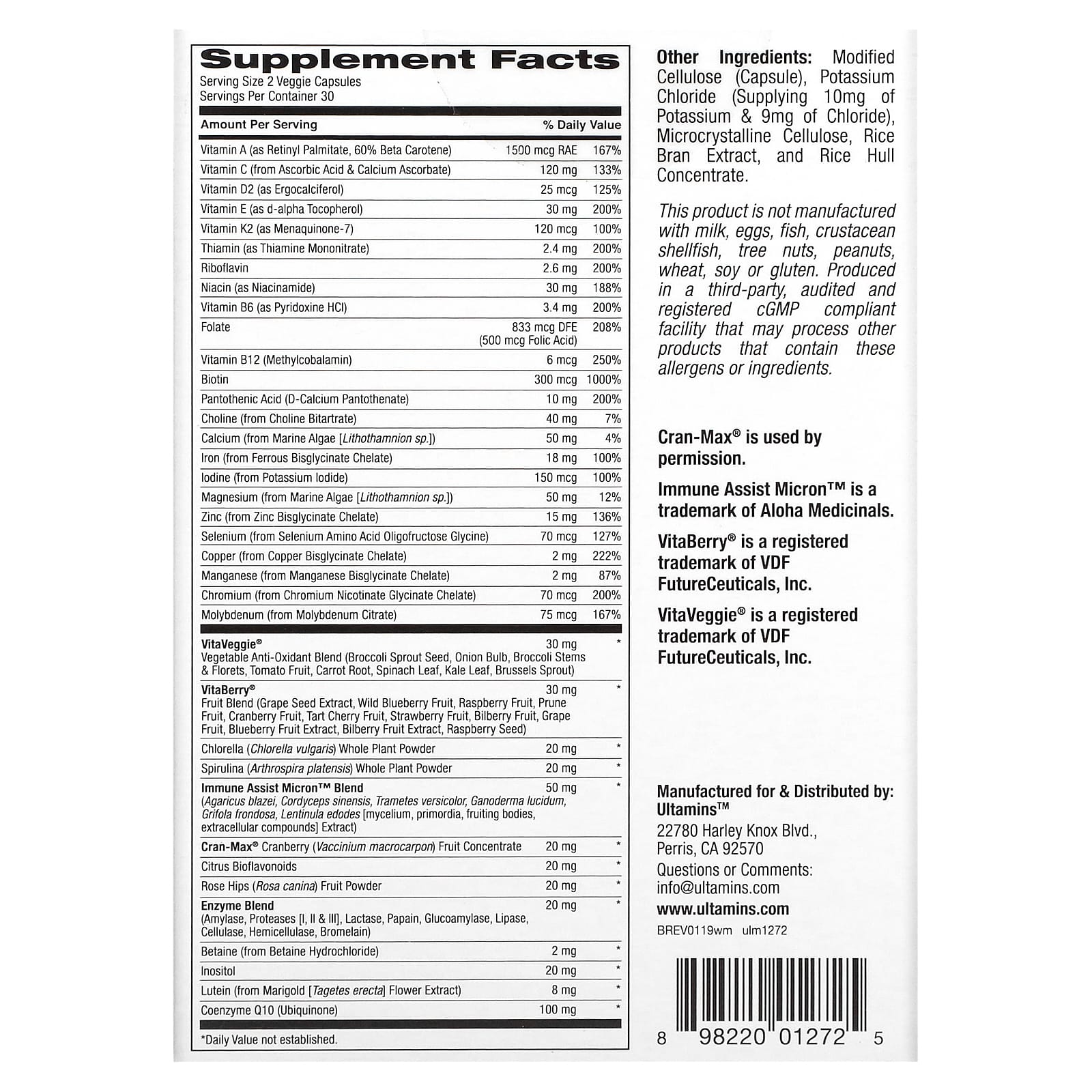 Ultamins, мультивитаминный комплекс для женщин с коэнзимом Q10, грибами, ферментами, овощами и ягодами, 60 растительных капсул