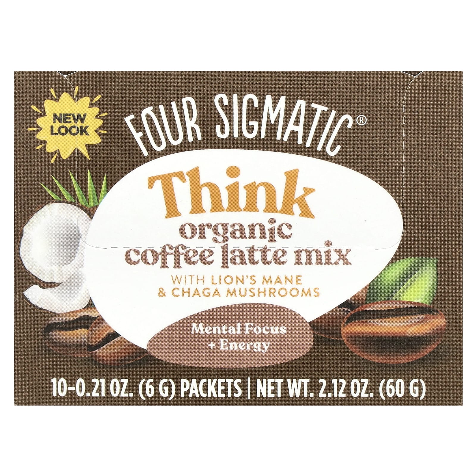 Four Sigmatic, Think, смесь для приготовления органического латте с ежовиком гребенчатым и грибом чага, 10 пакетиков по 6 г (0,21 унции)