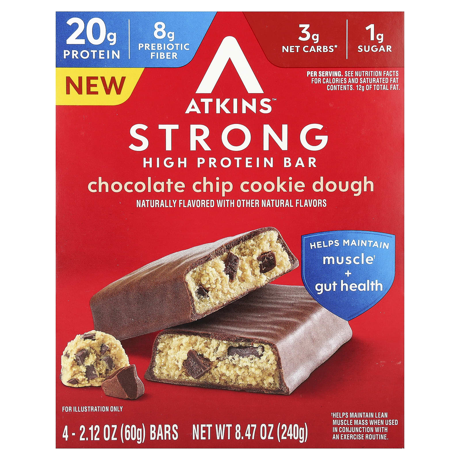 Atkins, Strong, высокопротеиновый батончик, тесто с шоколадной крошкой, 4 батончика по 60 г (2,12 унции)