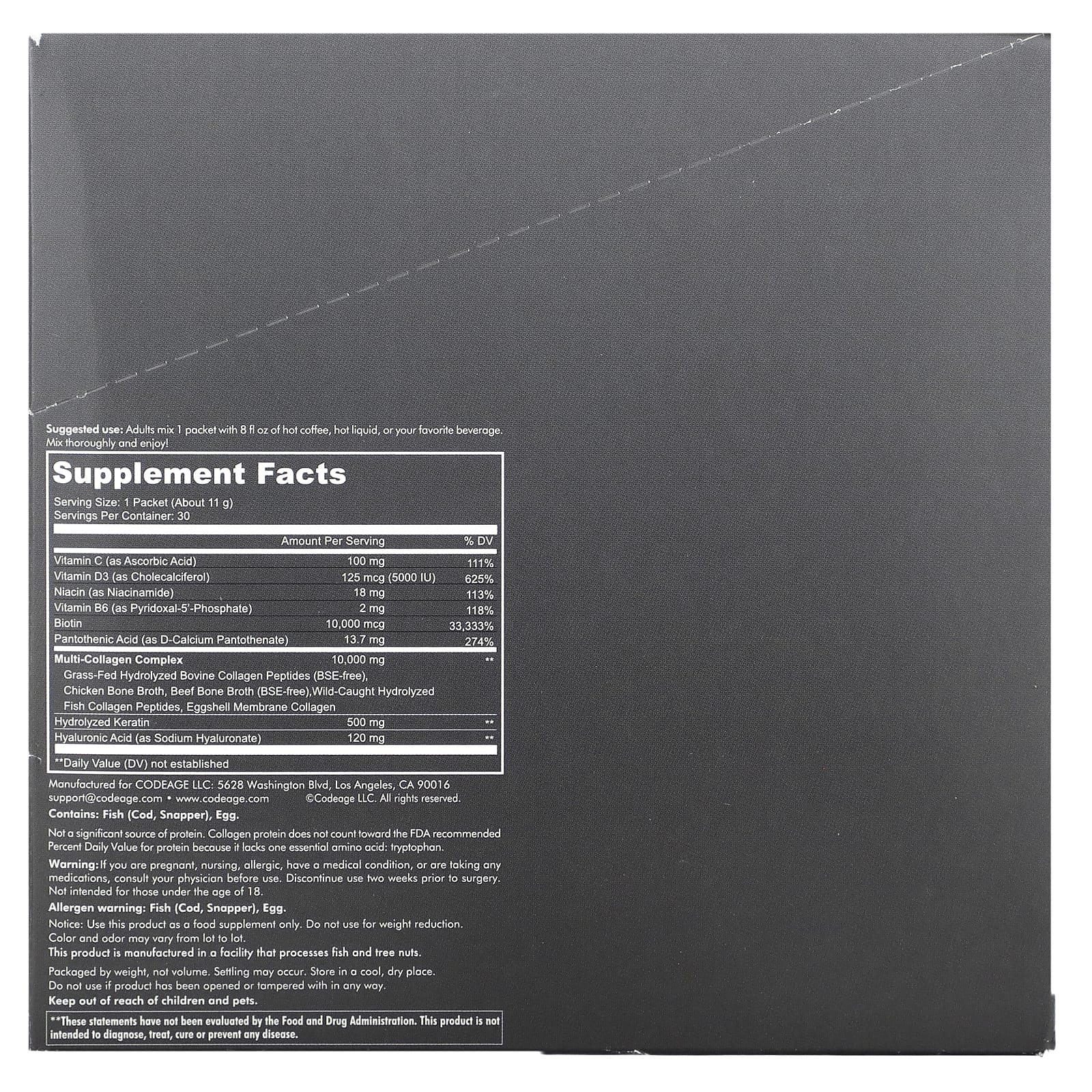 Codeage, Platinum, мультиколлагеновые пептиды, биотин, кератин, витамин C, нейтральный вкус, 30 пакетиков по 11 г (0,38 унции)