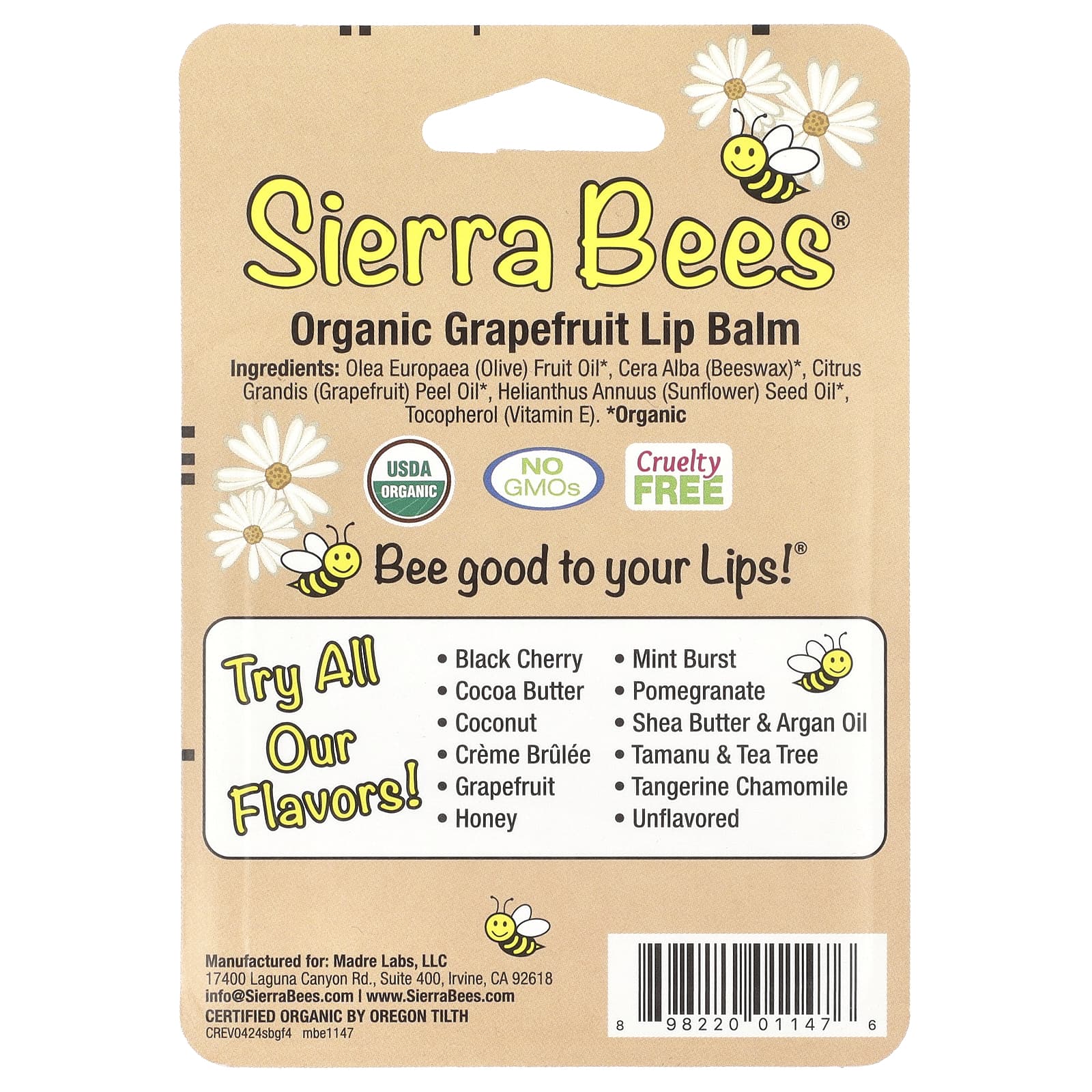 Sierra Bees, Органические бальзамы для губ, грейпфрут, 4 в упаковке, 4,25 г каждый