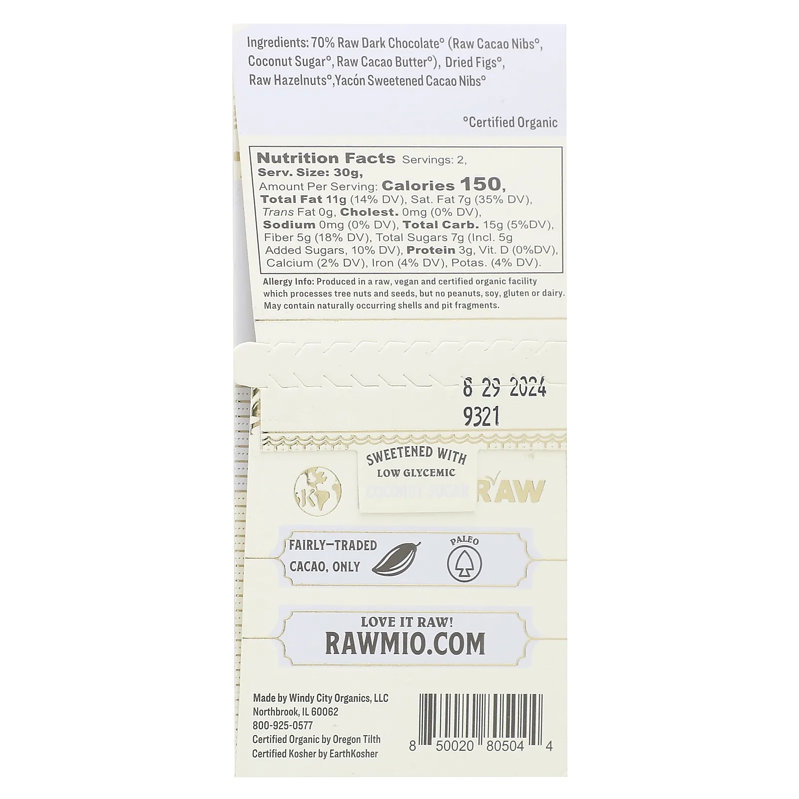 Rawmio, Пророщенный фундук и кора инжира, 70% перуанского какао, 60 г (2,12 унции)