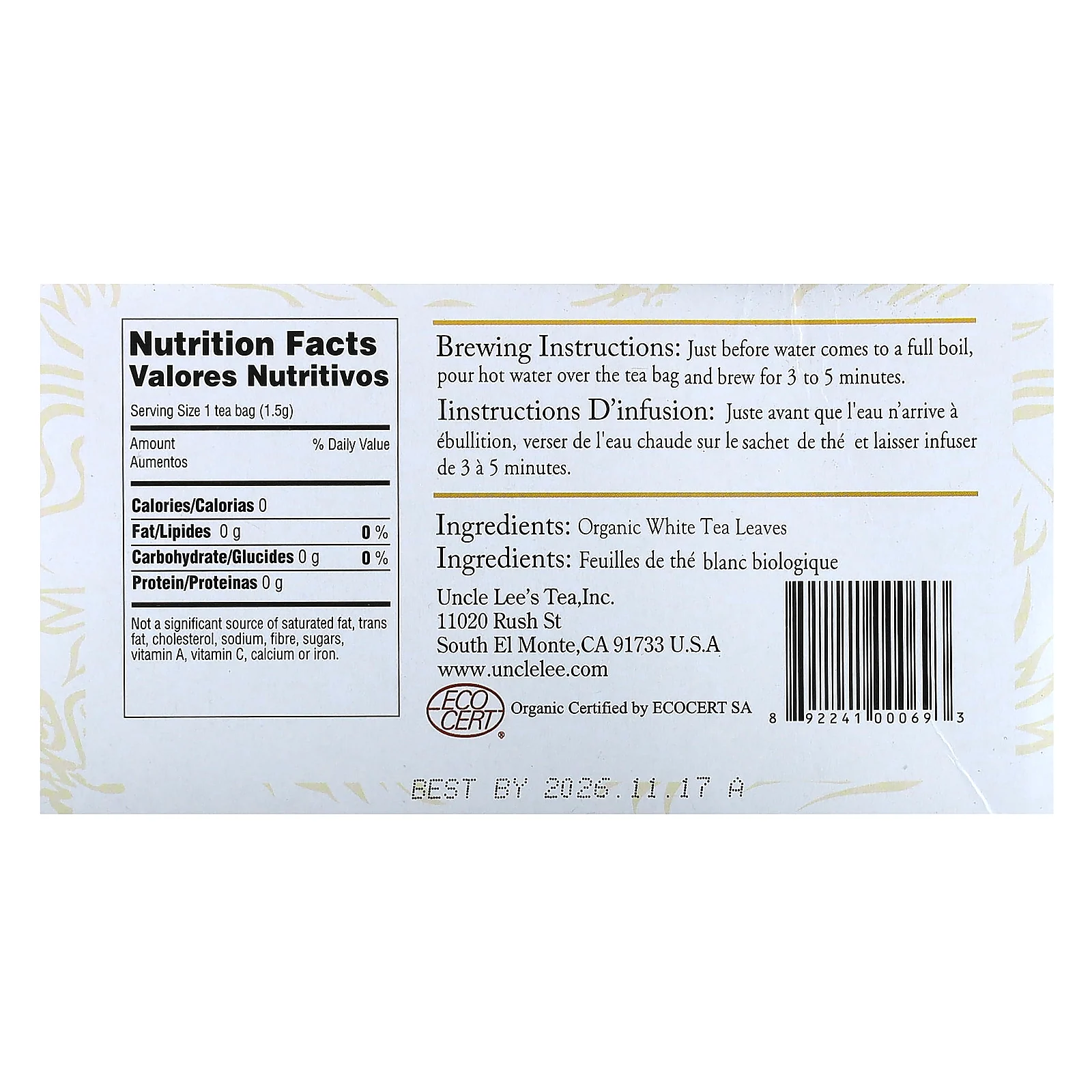 Uncle Lee's Tea, органический белый чай, 150 г (5,29 унции), 100 чайных пакетиков