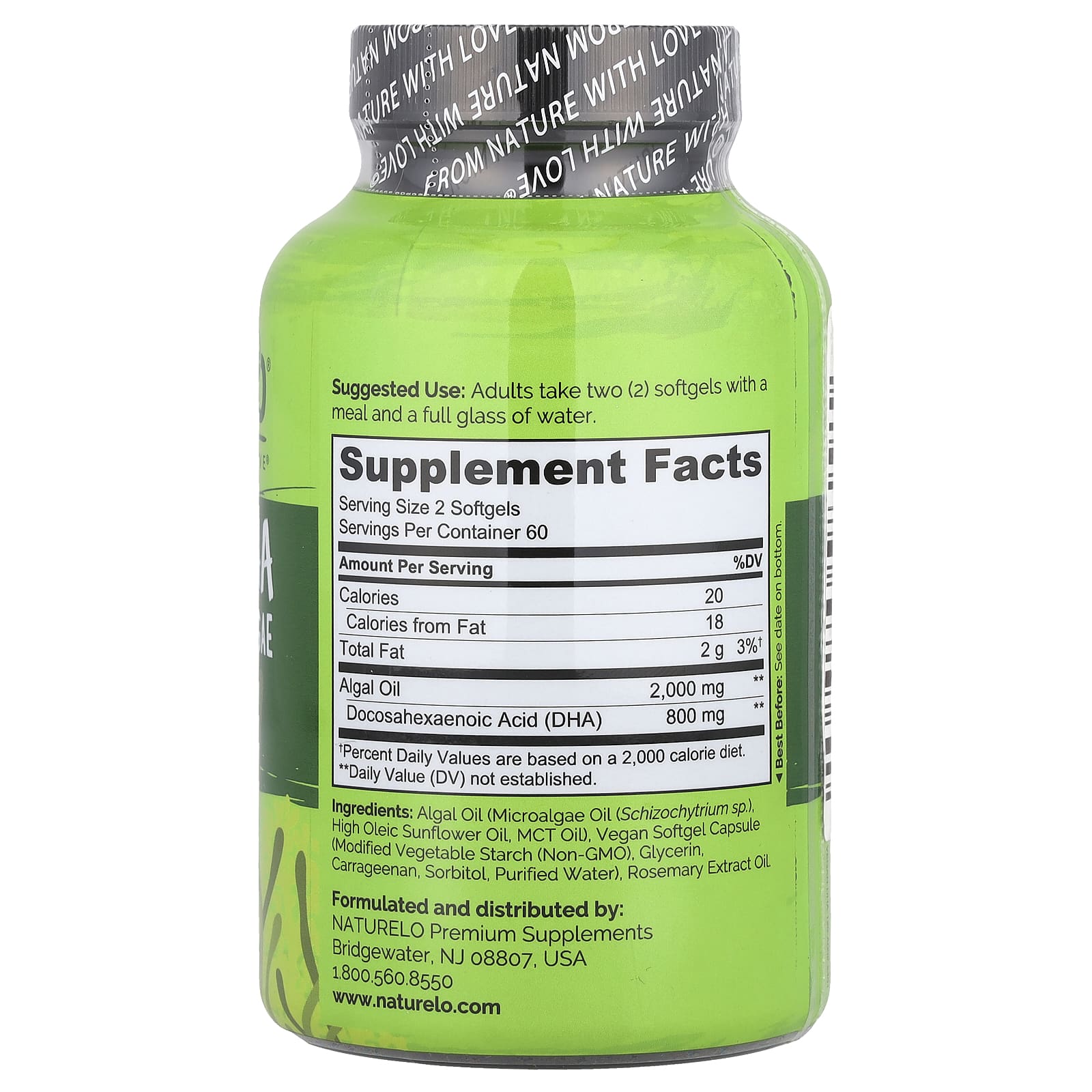 NATURELO, ДГК для веганов, омега-3 из водорослей, 800 мг, 120 веганских капсул (400 мг в 1 капсуле)