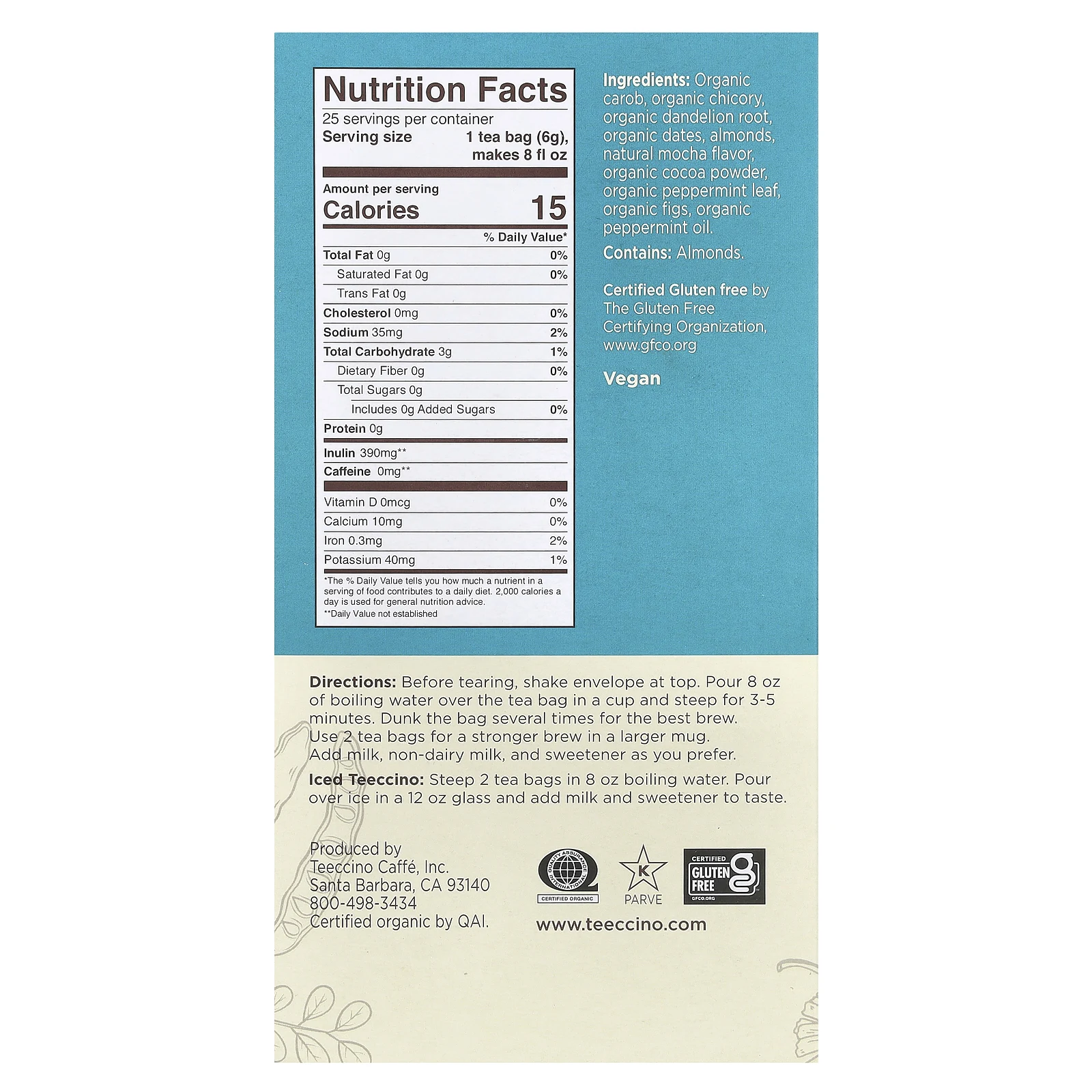 Teeccino, Жареный травяной чай, одуванчик, мокко и мята, без кофеина, 25 чайных пакетиков, 150 г (5,3 унции)