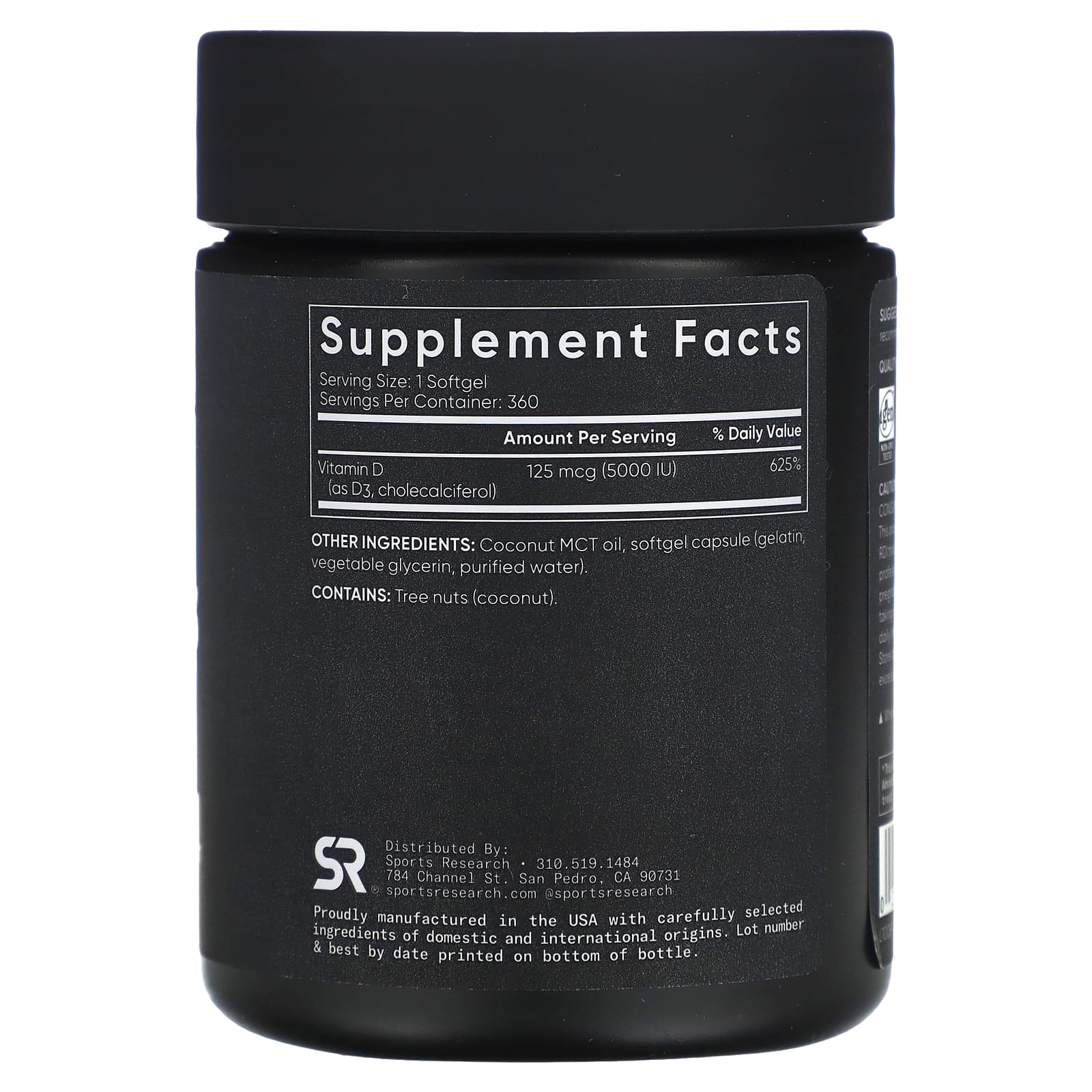 Sports Research, витамин D3, 125 мкг (5000 МЕ), 360 мягких таблеток