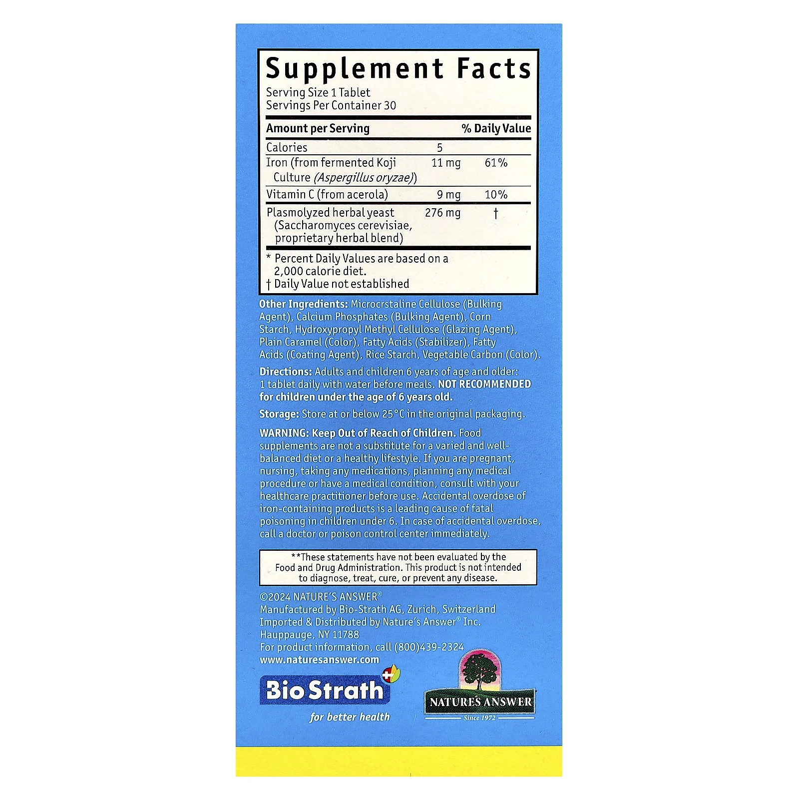 Bio-Strath, Постбиотик из ферментированных травяных дрожжей, с железом из грибов кодзи, 30 таблеток