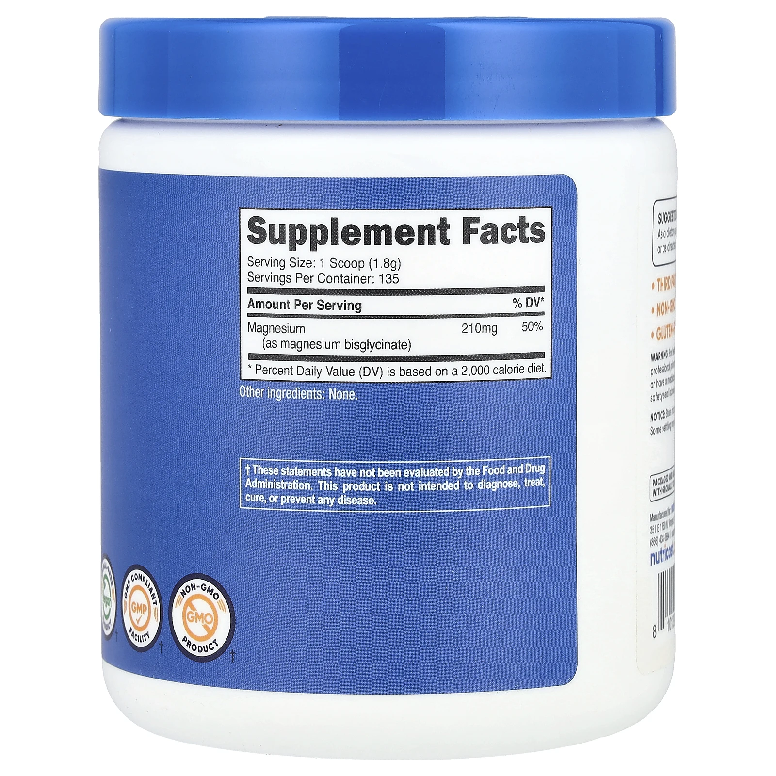 Nutricost, Бисглицинат магния, без добавок, 250 г (8,9 унции)