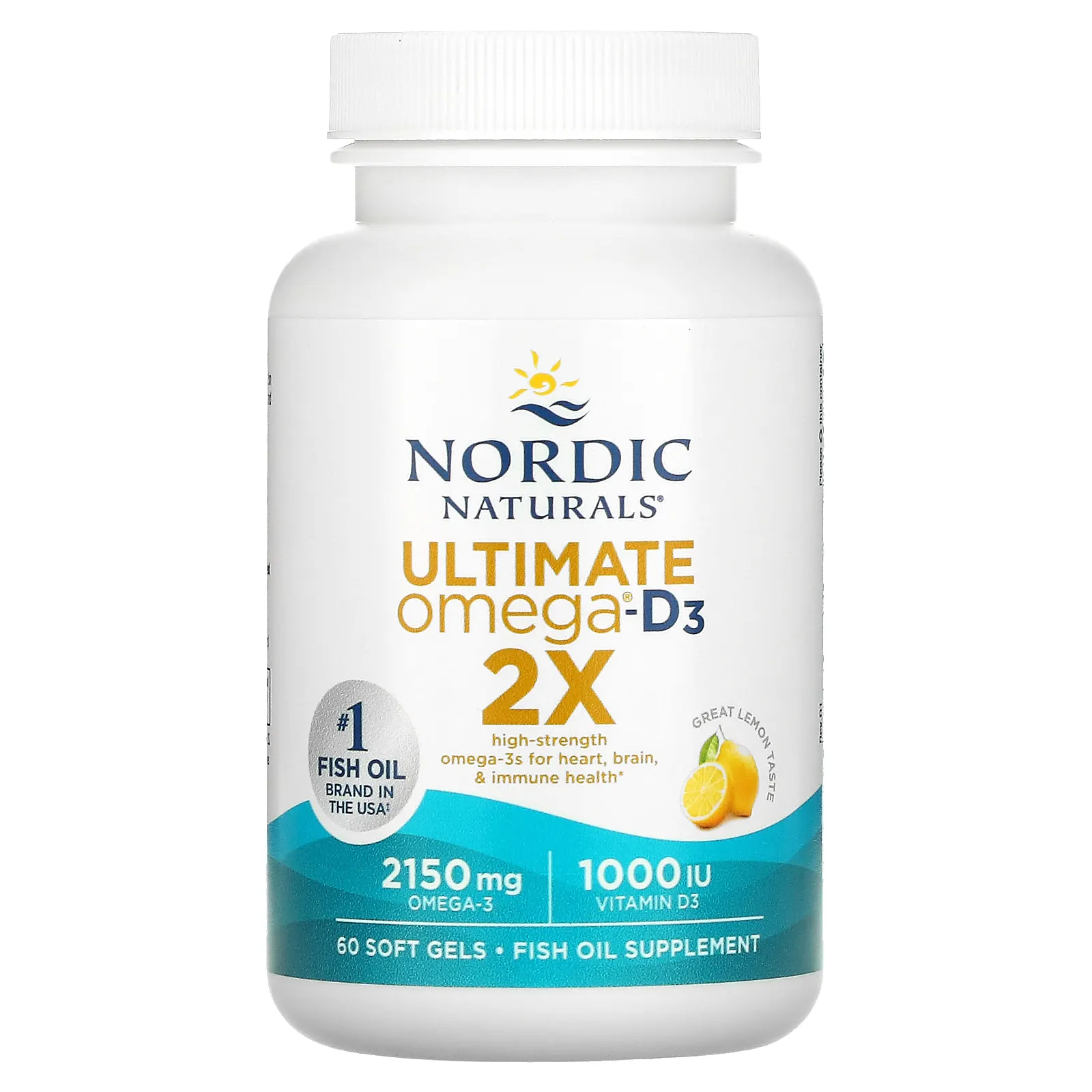 Nordic Naturals, Ultimate Omega 2X с витамином D3, лимон, 60 мягких желатиновых капсул
