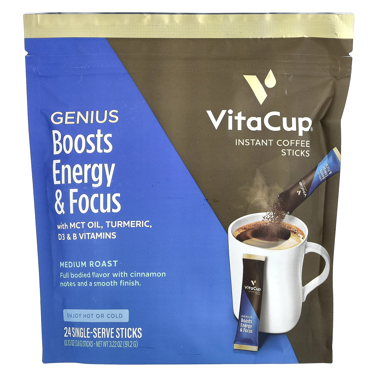 VitaCup, Genius Blend, растворимый кофе, средней обжарки, 24 палочки для еды, по 3,8 г (0,13 унции) каждая