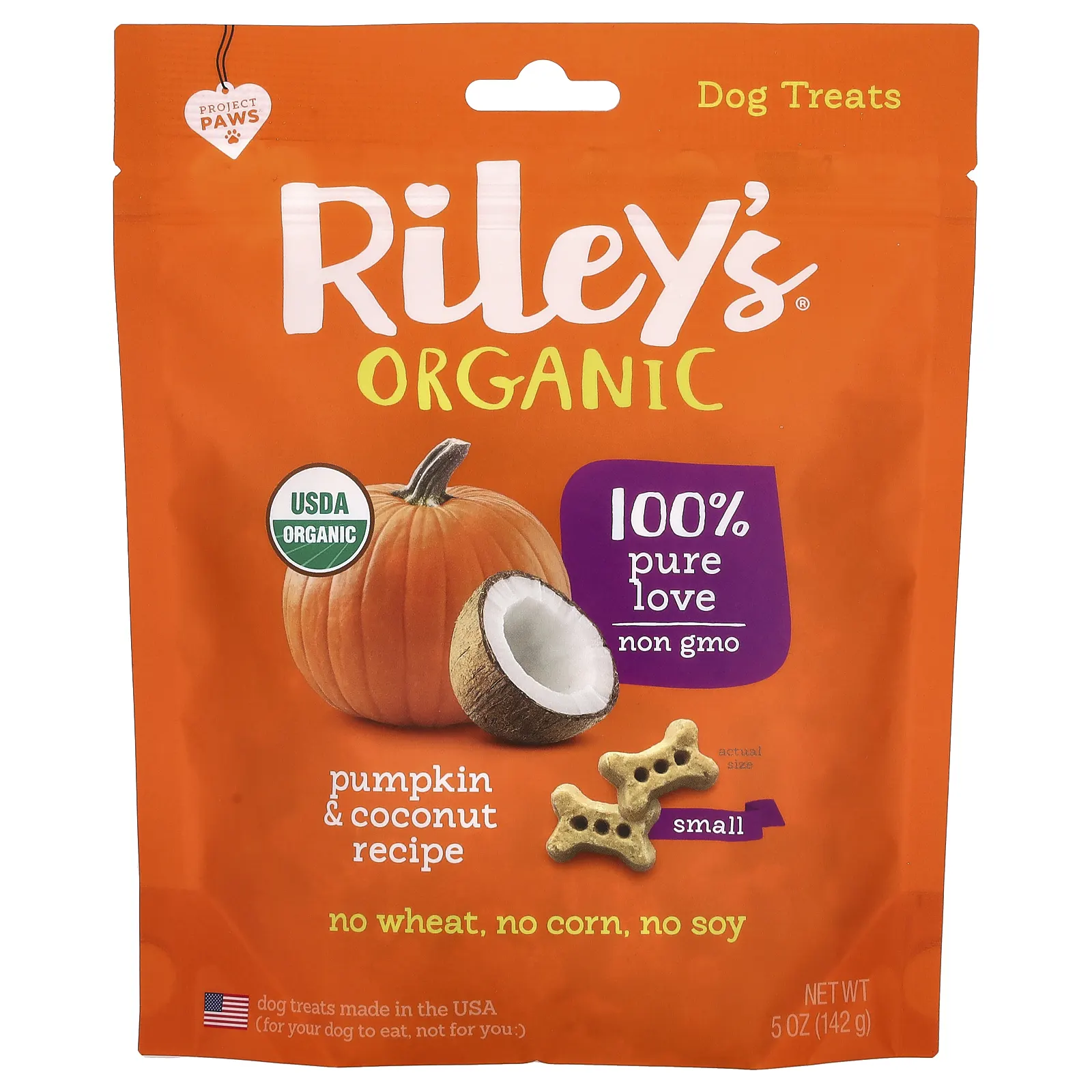Riley’s Organics, Лакомства для собак, маленькая косточка, рецепт с тыквой и кокосом, 142 г (5 унций)