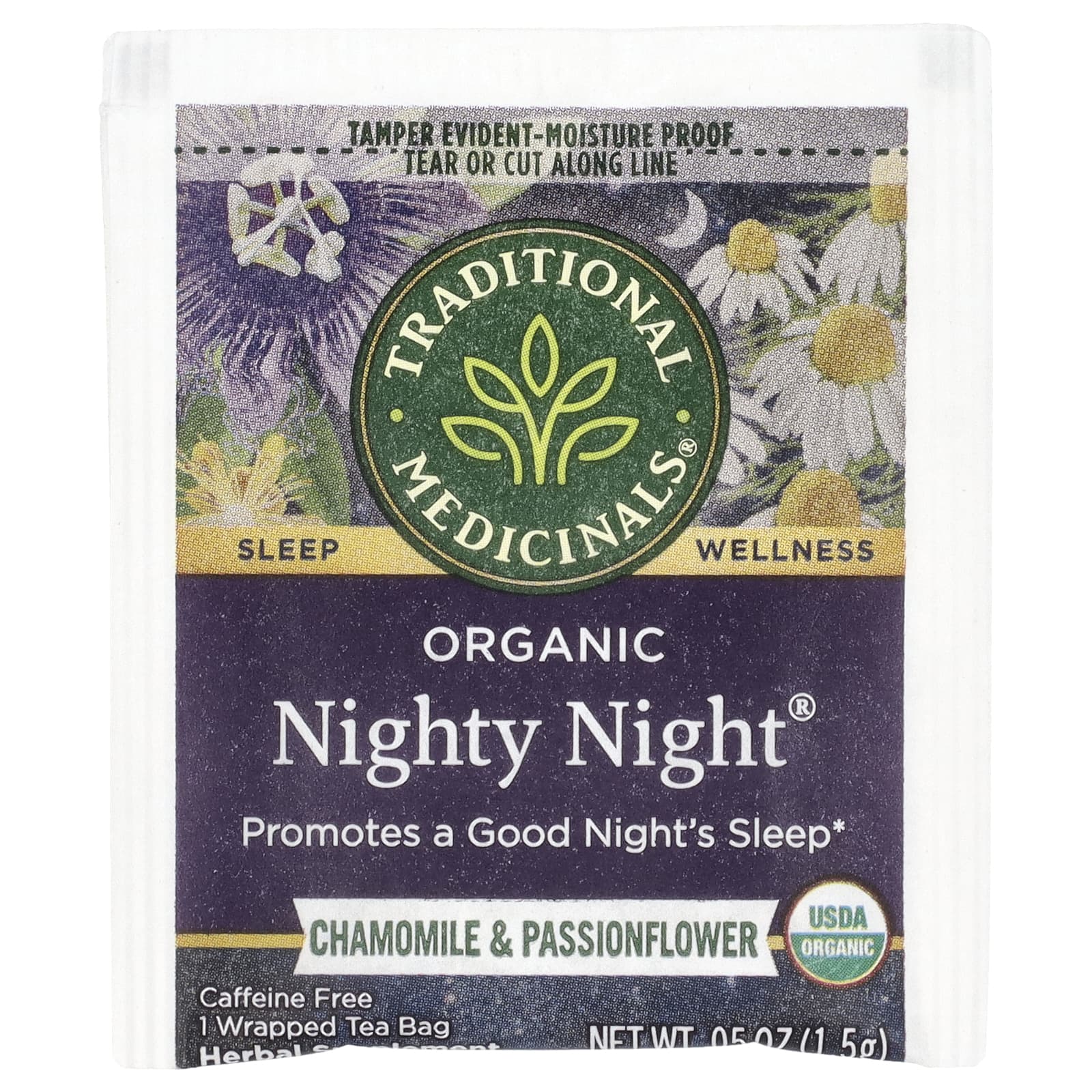Traditional Medicinals, органическая Nighty Night, ромашка и пассифлора, без кофеина, 16 чайных пакетиков по 1,5 г (0,05 унции)