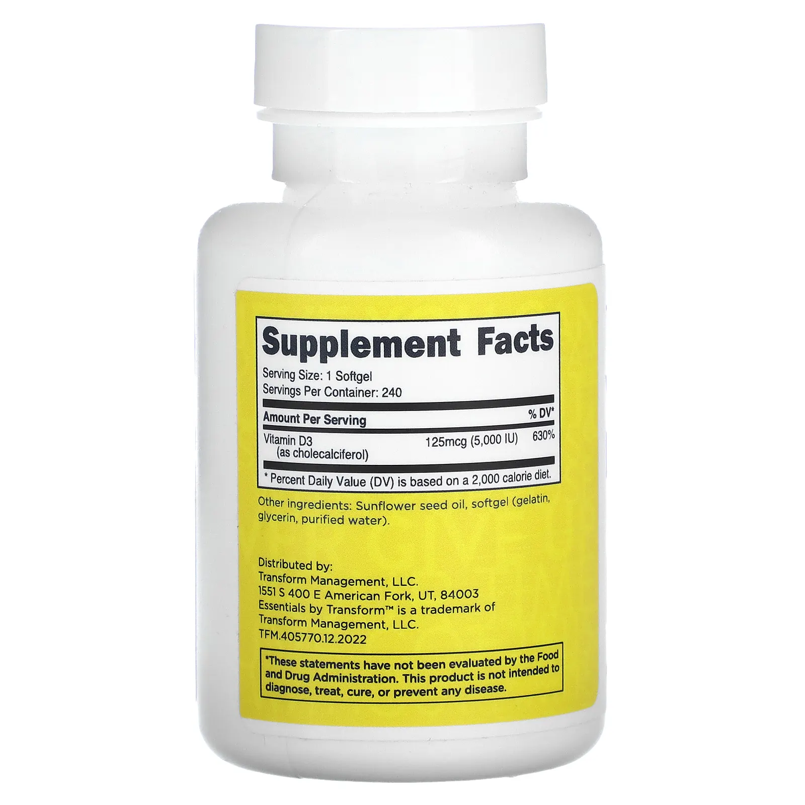 TransformHQ, витамин D3, 125 мкг, 240 капсул