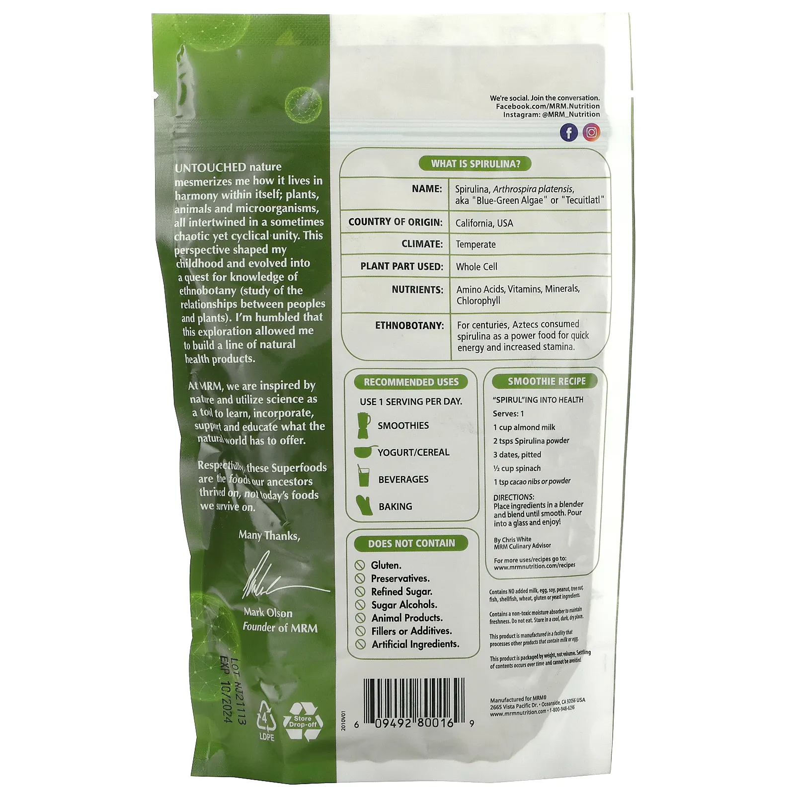 MRM Nutrition, Порошок необработанной спирулины, 240 г (8,5 унции)