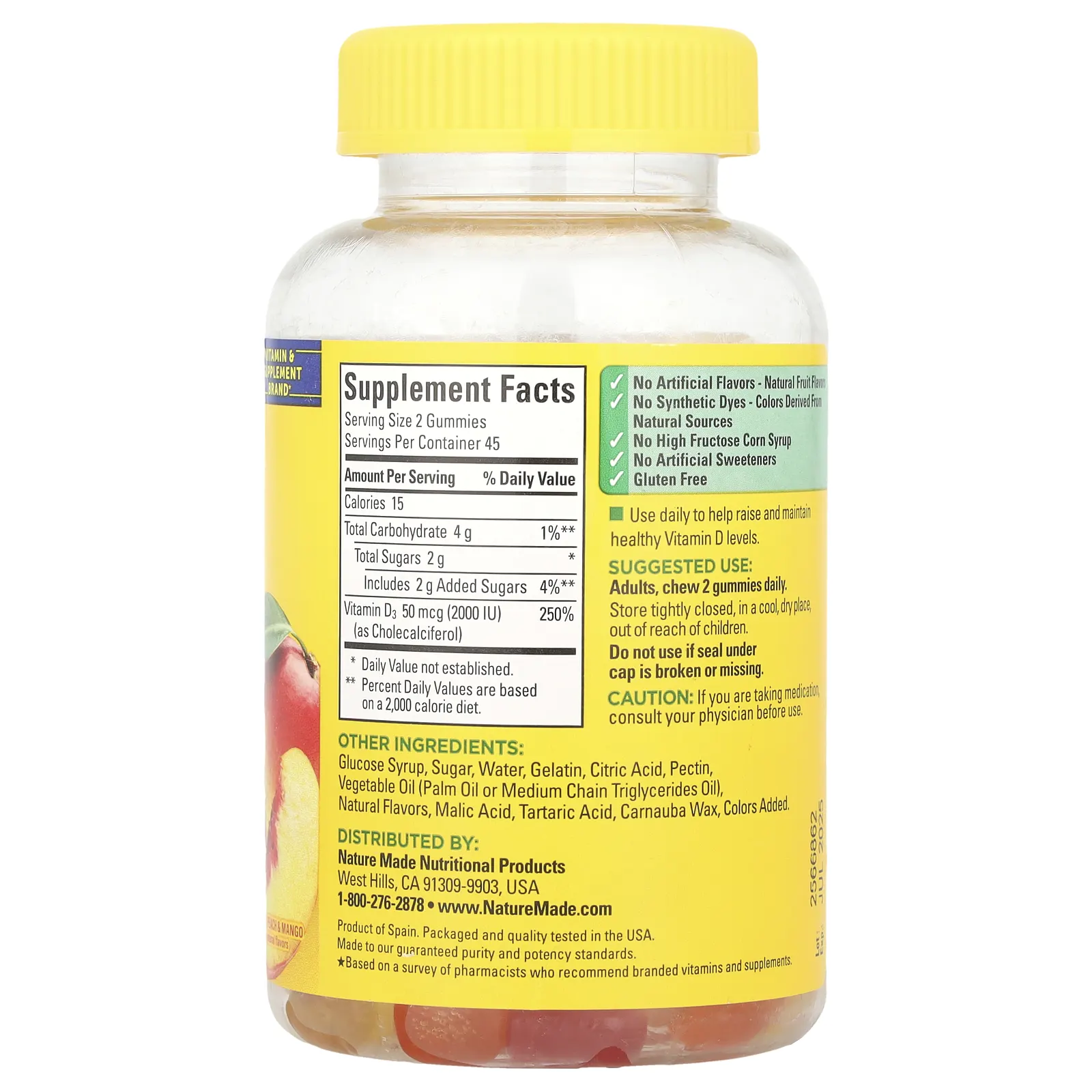 Nature Made, Жевательные мармеладки с витамином D3, клубника, персик и манго, 50 мкг (2000 МЕ), 90 жевательных таблеток (25 мкг (1000 МЕ) в каждой жевательной таблетке)