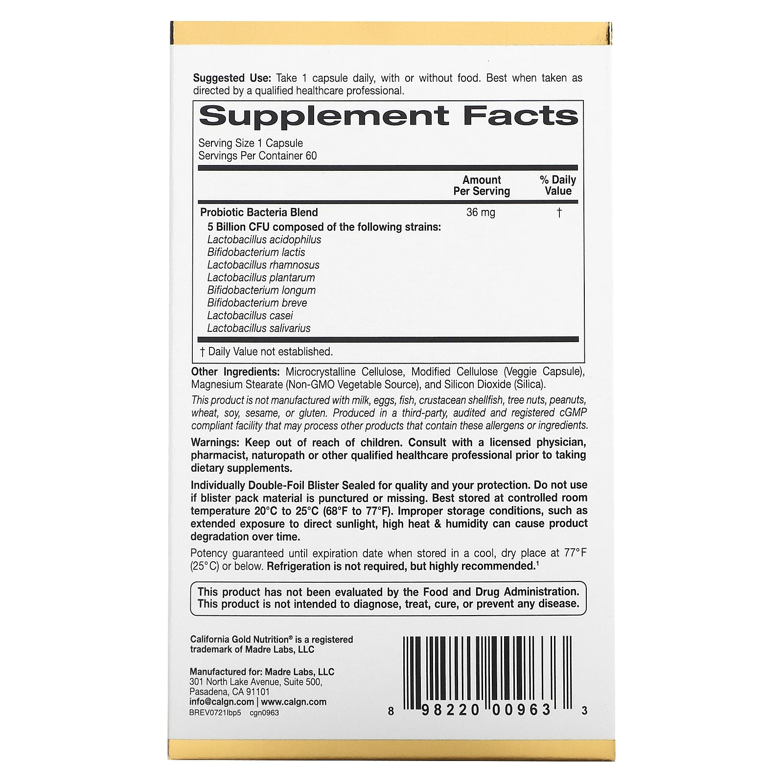 California Gold Nutrition, LactoBif 5, пробиотики, 5 млрд КОЕ, 60 вегетарианских капсул