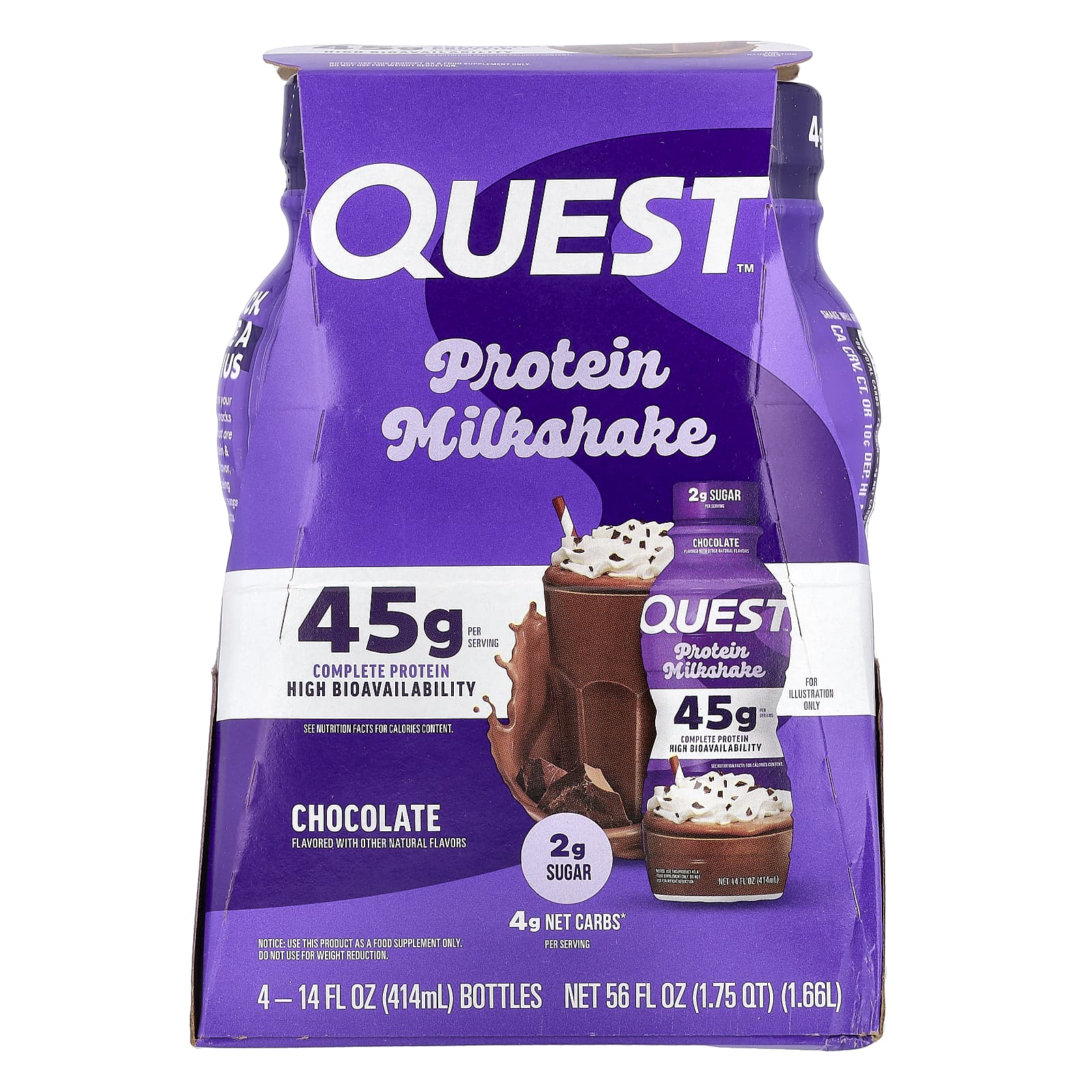 Quest Nutrition, Протеиновый молочный коктейль, шоколад, 4 флакона по 414 мл (14 жидк. Унций)