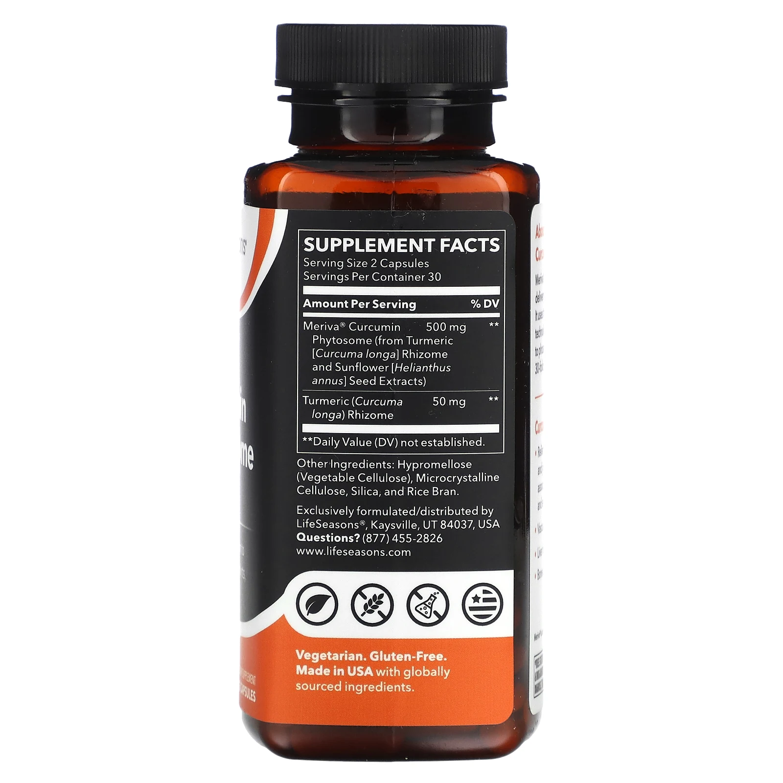 LifeSeasons, Meriva, фитосомы куркумина, 500 мг, 60 растительных капсул (250 мг в 1 капсуле)