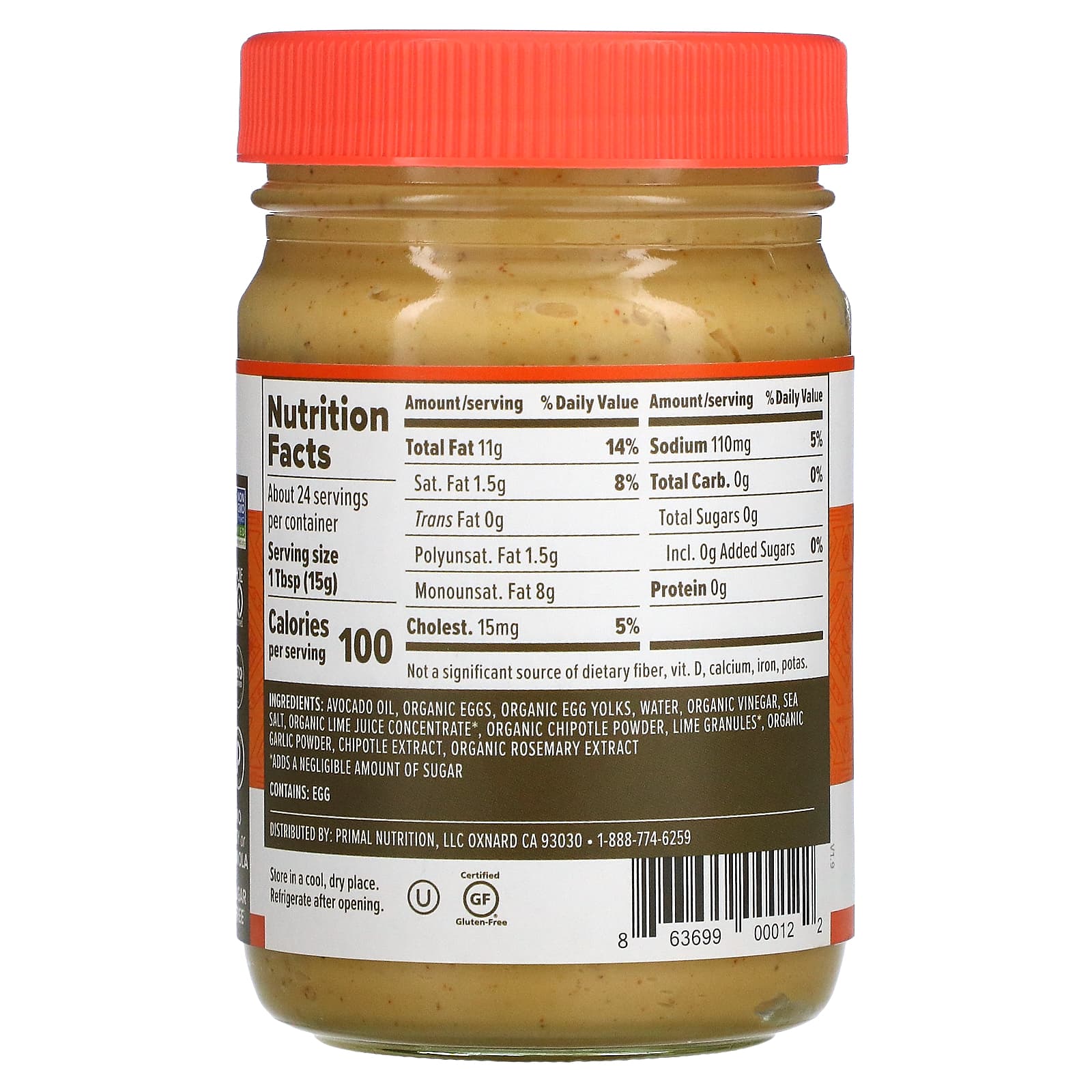 Primal Kitchen, Майонез Chipotle и лайм с маслом авокадо, 355 мл (12 жидк. Унций)