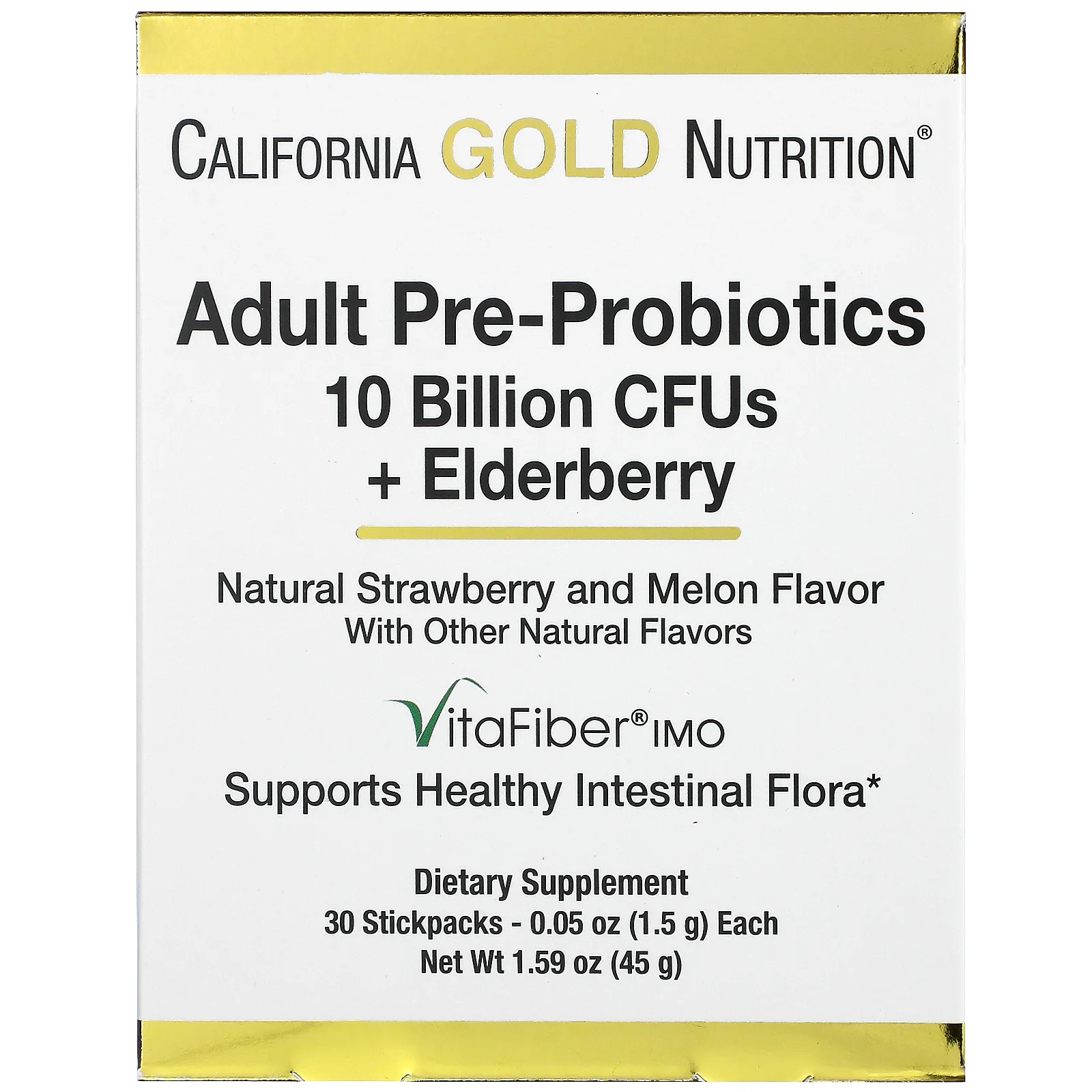 California Gold Nutrition, пребиотики и пробиотики для взрослых, 10 млрд. КОЕ + бузина, натуральный клубнично-дынный вкус, 30 пакетиков по 1,5 г (0,05 унции)