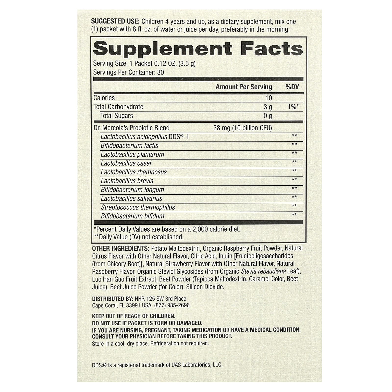 Dr. Mercola, комплекс пробиотиков для детей в виде порошка в пакетиках, натуральный малиновый вкус, 10 млрд КОЕ, 30 пакетиков, по 3,5 г (0,12 унции) каждый