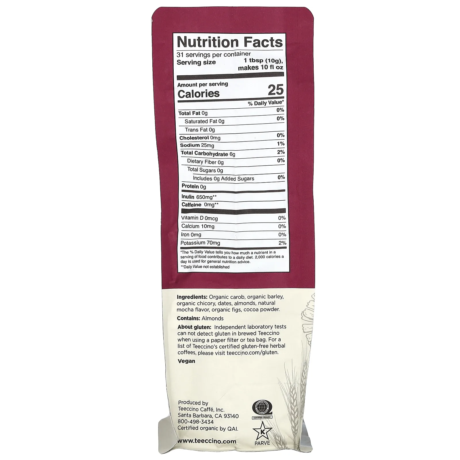 Teeccino, травяной кофе из цикория, мокка, средней прожарки, без кофеина, 312 г (11 унций)