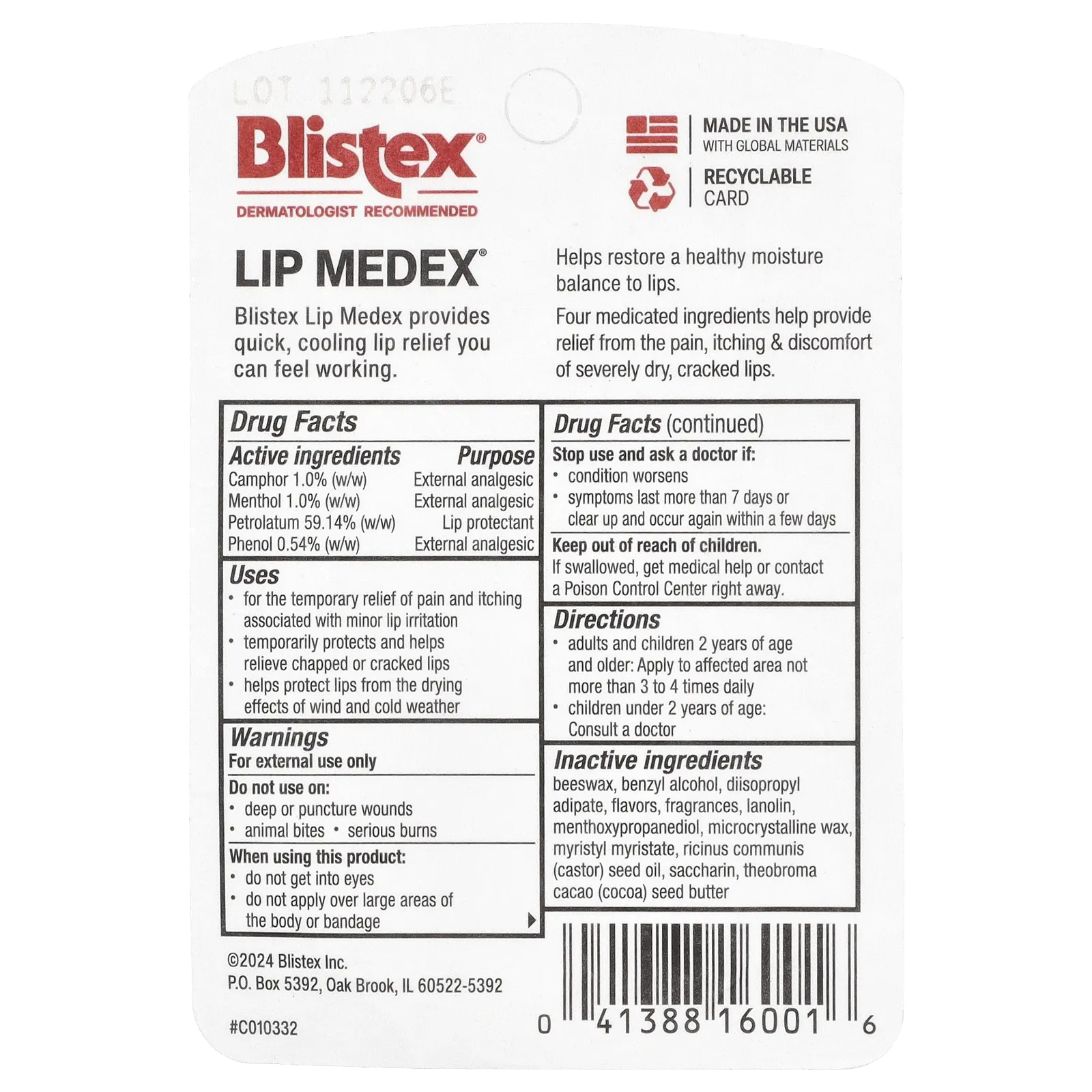 Blistex, Lip Medex, наружное обезболивающее средство для защиты губ, 10,75 г (0,38 унции)