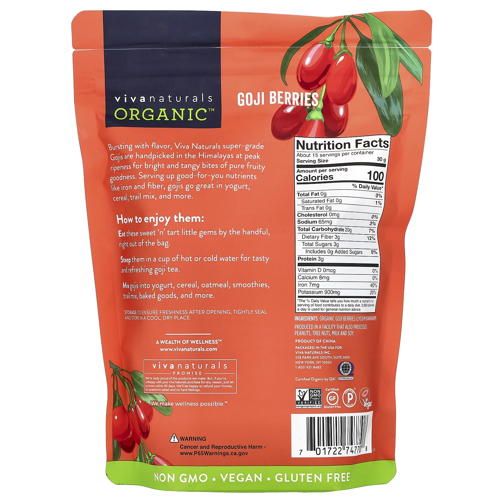 Viva Naturals, Органические собранные вручную ягоды годжи, 454 г (1 фунт)