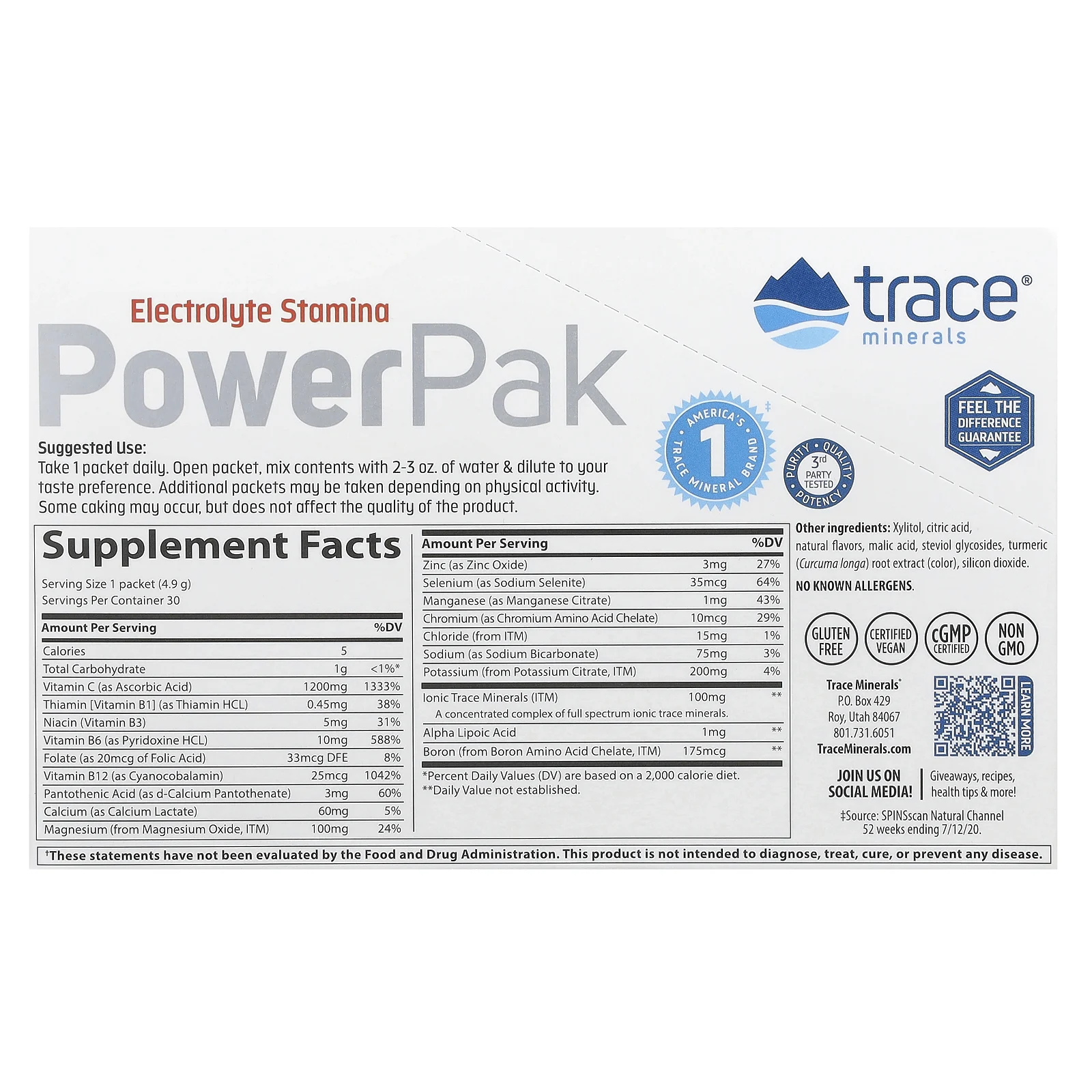 Trace Minerals ®, Electrolyte Stamina PowerPak, без сахара, со вкусом цитрусовых, 30 пакетиков по 4,9 г (0,17 унции)