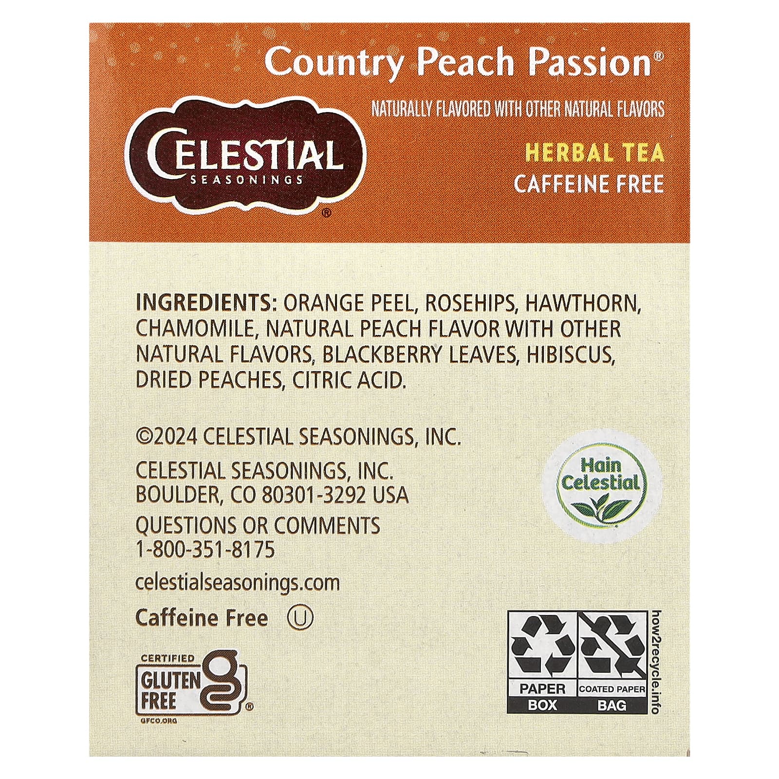 Celestial Seasonings, травяной чай, Country Peach Passion, без кофеина, 20 чайных пакетиков, 41 г (1,4 унции)